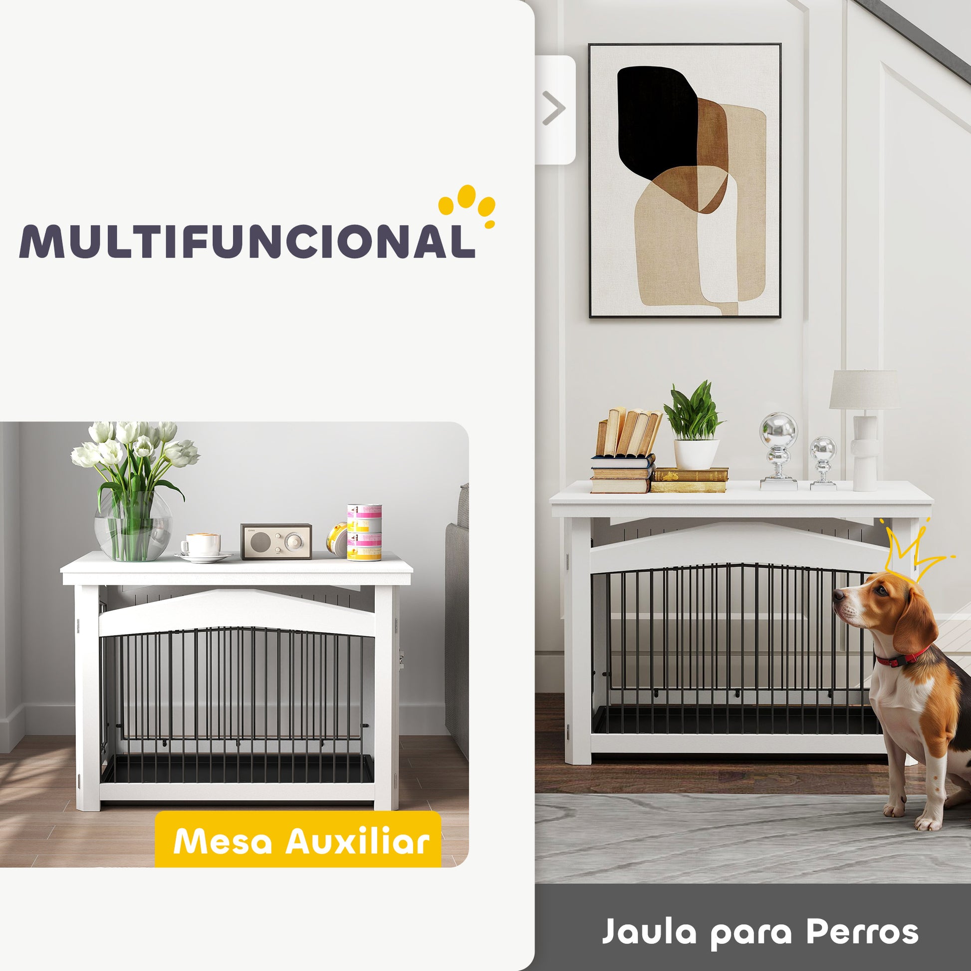 Medium Dog Crate 3-in-1 Side Table Dog Barrier with Lockable Door Removable Top Panel and Removable Tray 82.5x57.5x59.5 cm White