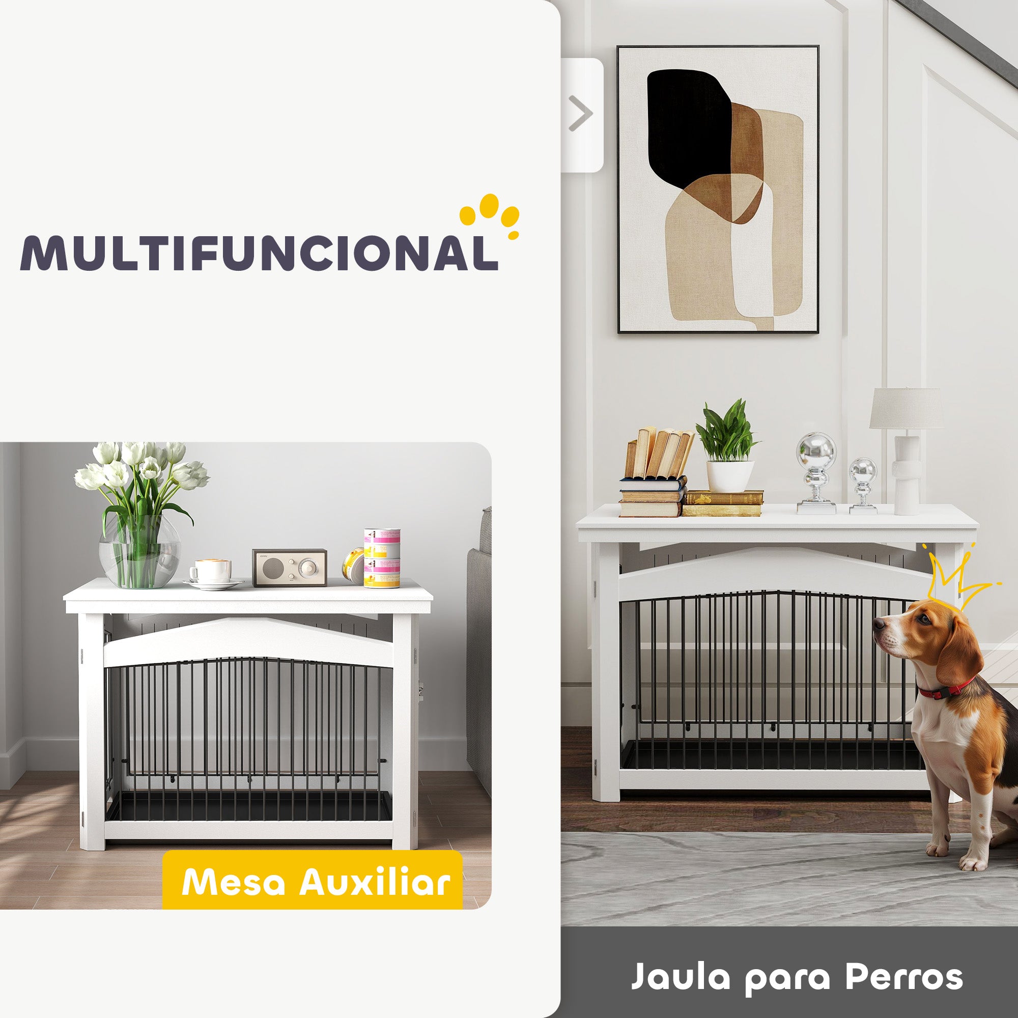 Medium Dog Crate 3-in-1 Side Table Dog Barrier with Lockable Door Removable Top Panel and Removable Tray 82.5x57.5x59.5 cm White