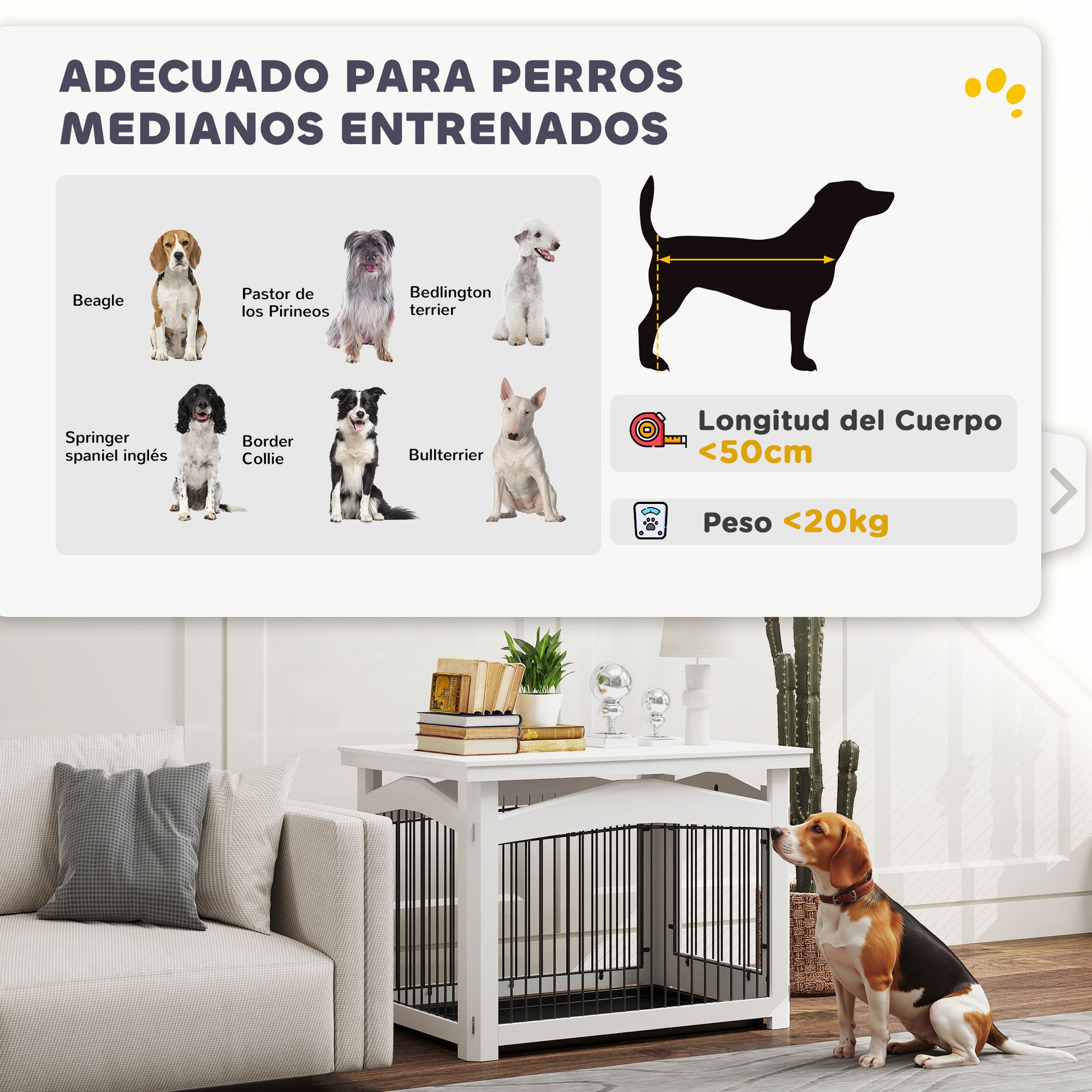 Medium Dog Crate 3-in-1 Side Table Dog Barrier with Lockable Door Removable Top Panel and Removable Tray 82.5x57.5x59.5 cm White