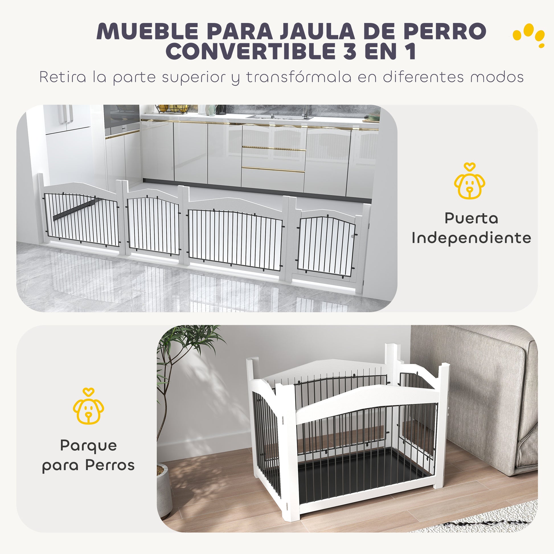Medium Dog Crate 3-in-1 Side Table Dog Barrier with Lockable Door Removable Top Panel and Removable Tray 82.5x57.5x59.5 cm White