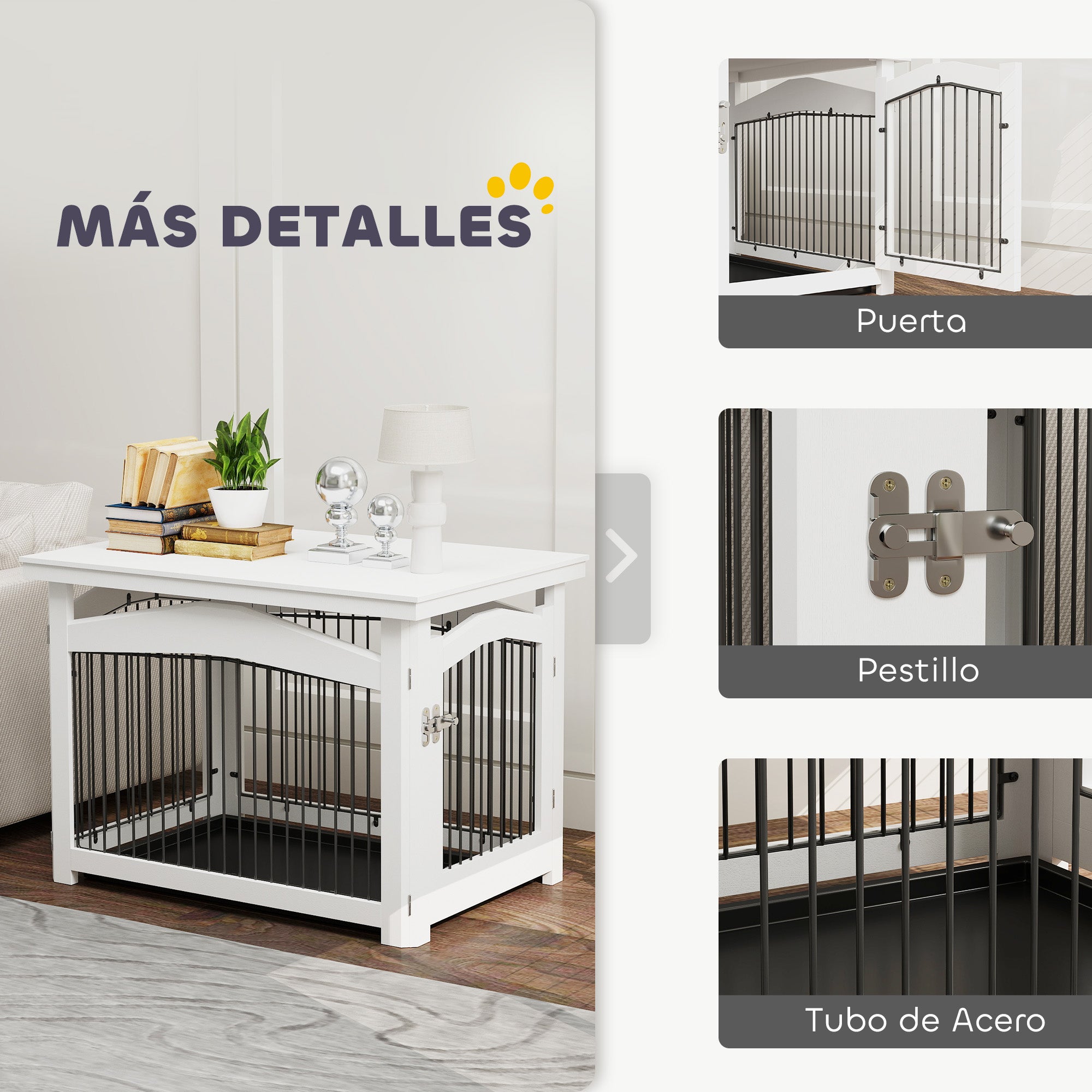 Medium Dog Crate 3-in-1 Side Table Dog Barrier with Lockable Door Removable Top Panel and Removable Tray 82.5x57.5x59.5 cm White