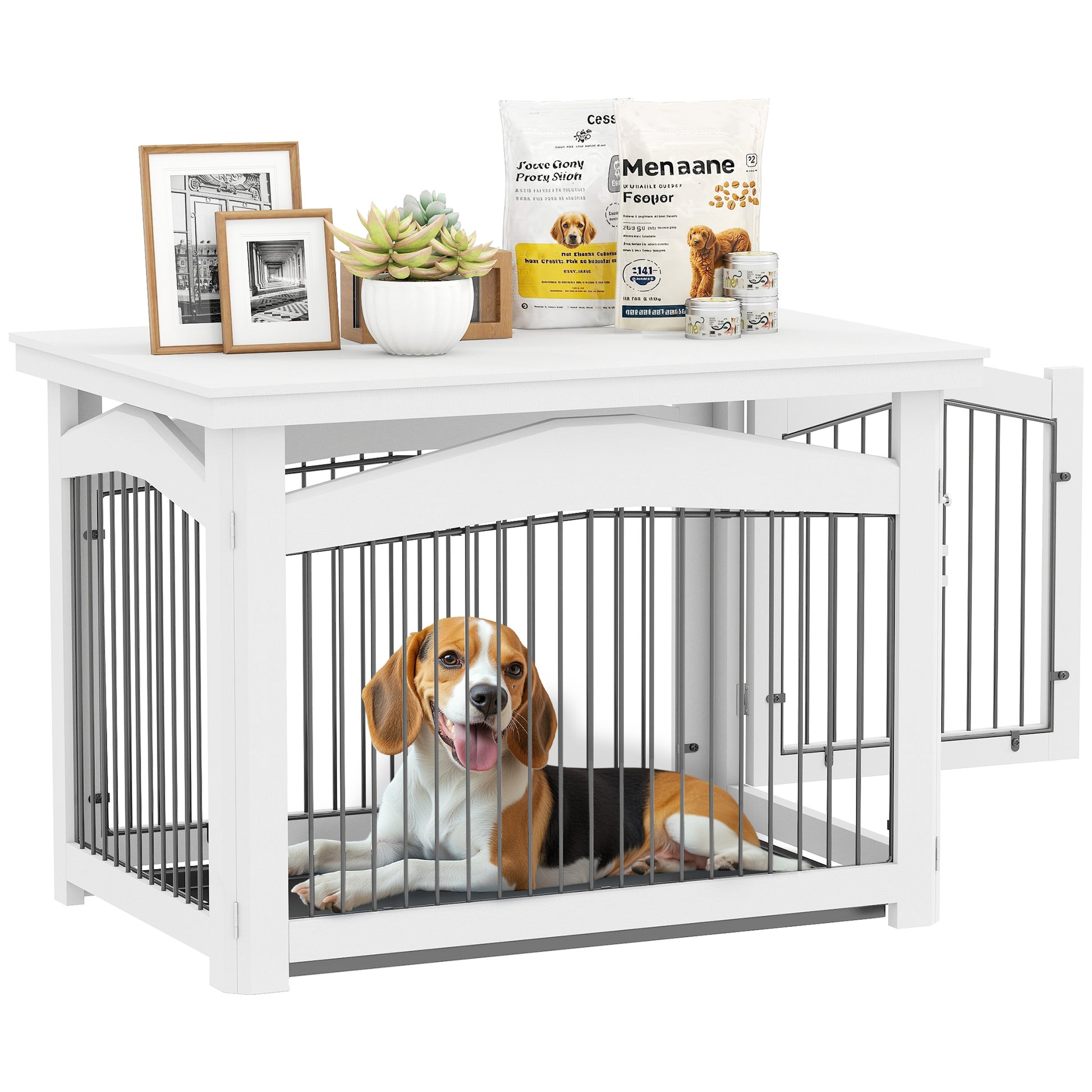 Medium Dog Crate 3-in-1 Side Table Dog Barrier with Lockable Door Removable Top Panel and Removable Tray 82.5x57.5x59.5 cm White