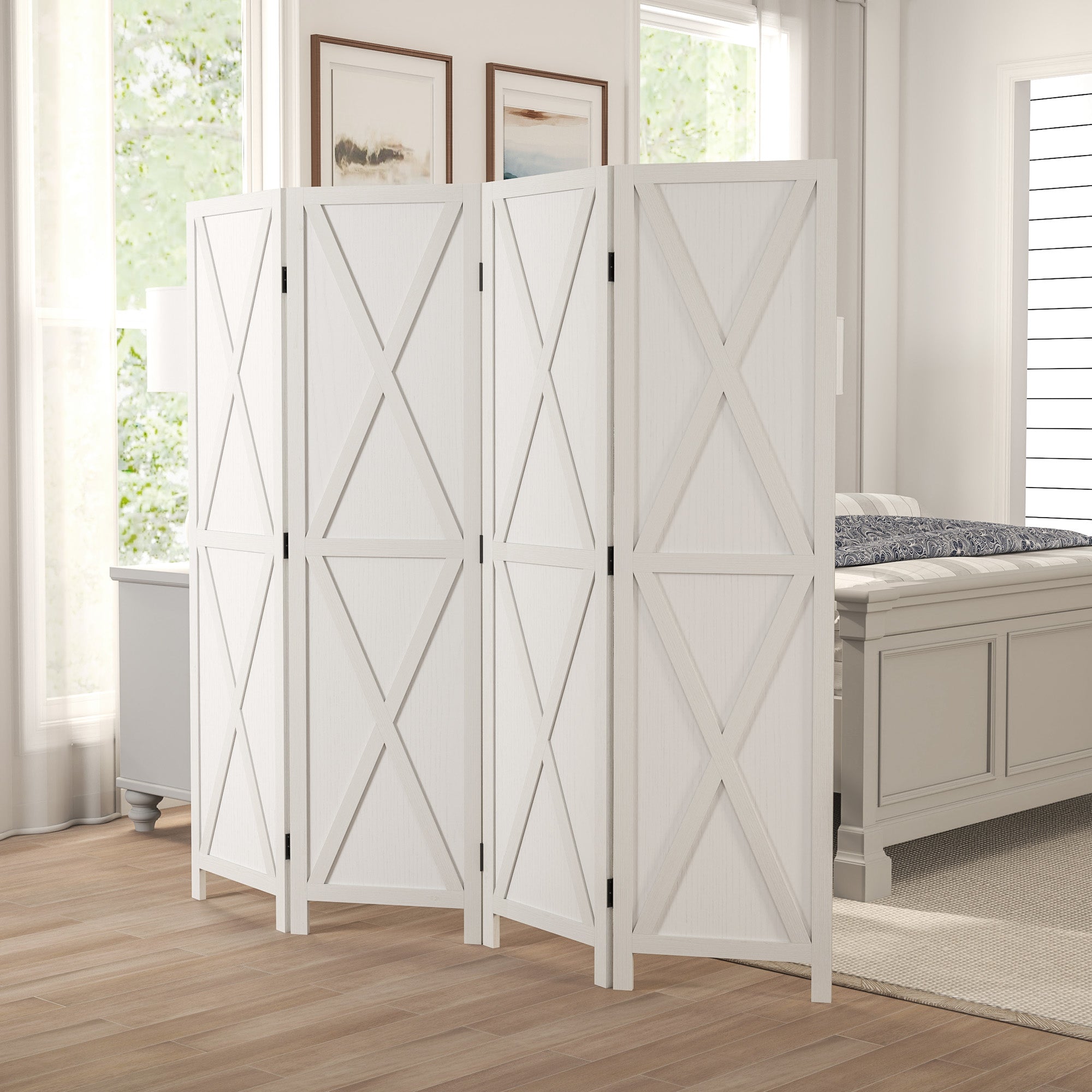 4 Panel Divider 182x170 cm Folding Room Divider Separator for Living Room Bedroom Office White
