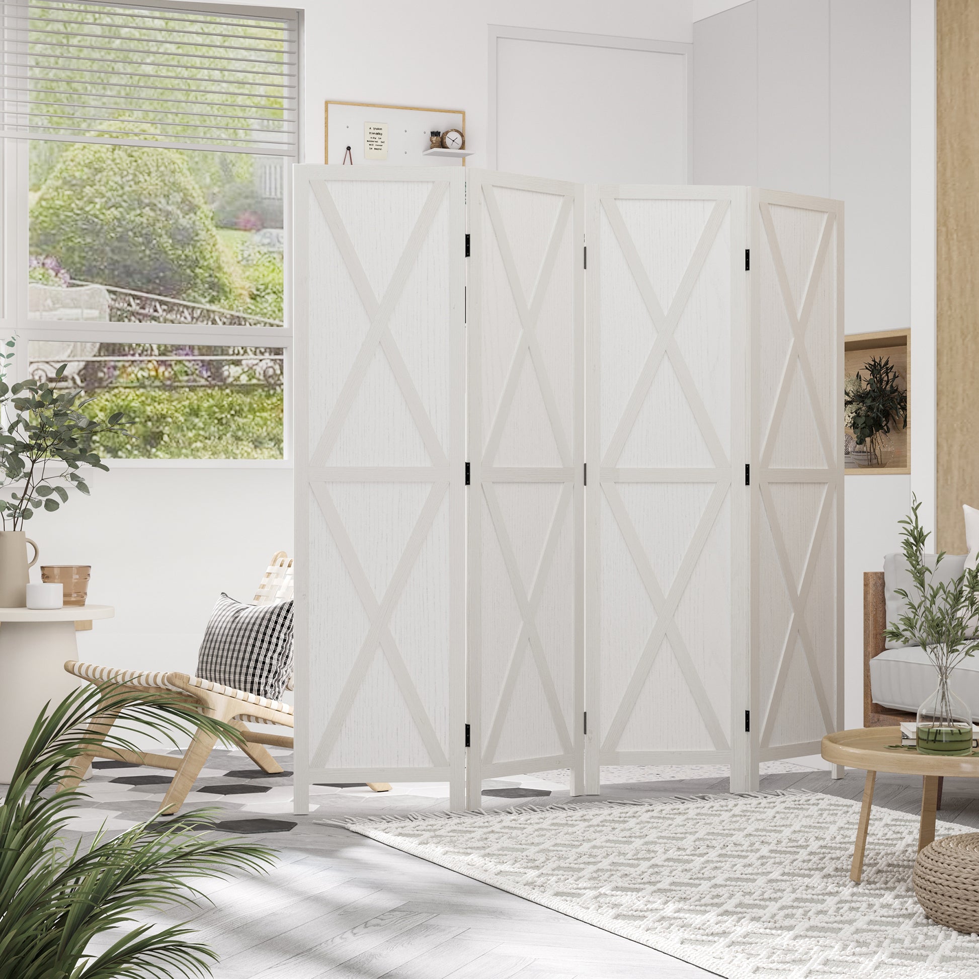 4 Panel Divider 182x170 cm Folding Room Divider Separator for Living Room Bedroom Office White
