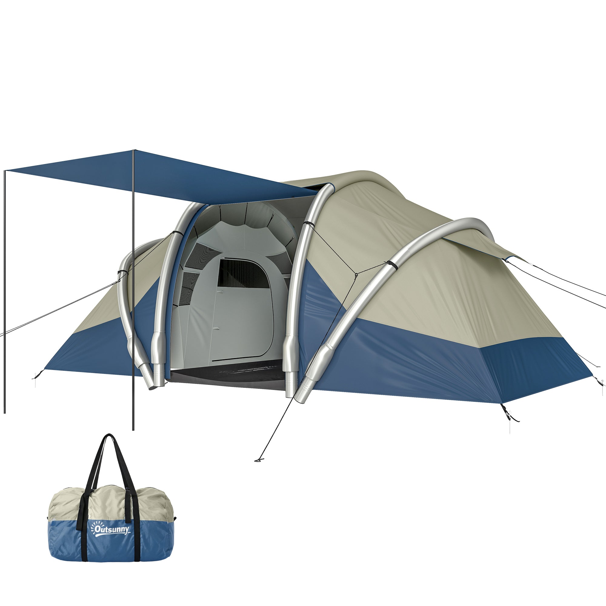Inflatable 4-Person Tent — Fast Setup Outdoor Camping Tent with Air Pump, 2 Bedrooms, Mesh Windows, Fluorescent Pegs, Front Awning, Waterproof Oxford Fabric