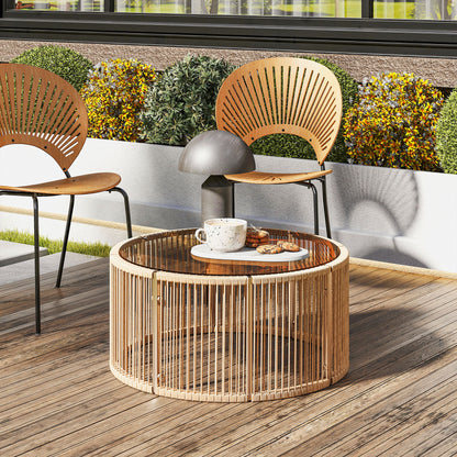 Polyrattan Side Table – Coffee Table with Tempered Glass Top, Powder-Coated Steel Frame for Garden, Terrace, Balcony, 27.6 x 27.6 x 13 in (70 x 70 x 33 cm), Brown