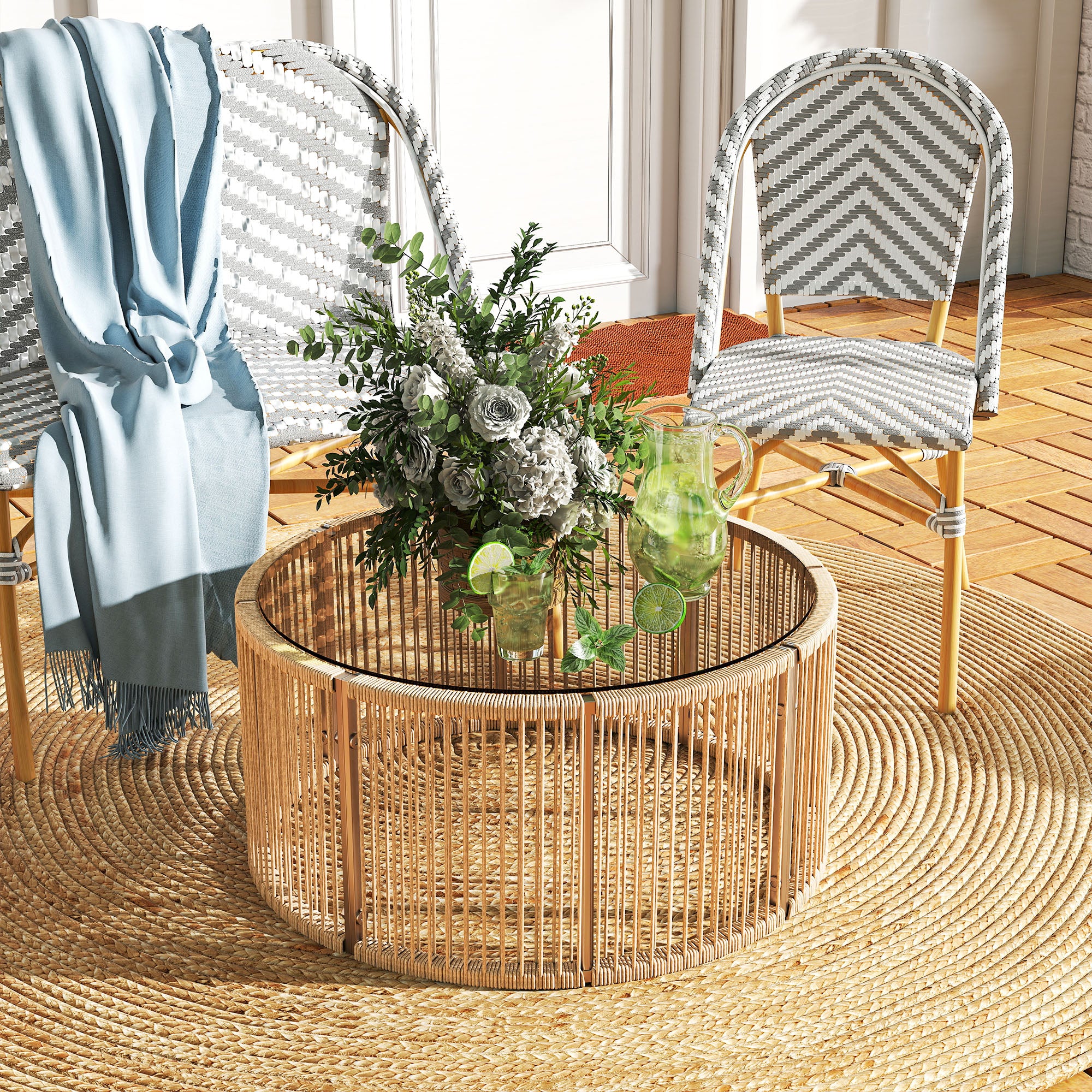 Polyrattan Side Table – Coffee Table with Tempered Glass Top, Powder-Coated Steel Frame for Garden, Terrace, Balcony, 27.6 x 27.6 x 13 in (70 x 70 x 33 cm), Brown