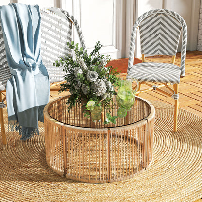 Polyrattan Side Table – Coffee Table with Tempered Glass Top, Powder-Coated Steel Frame for Garden, Terrace, Balcony, 27.6 x 27.6 x 13 in (70 x 70 x 33 cm), Brown