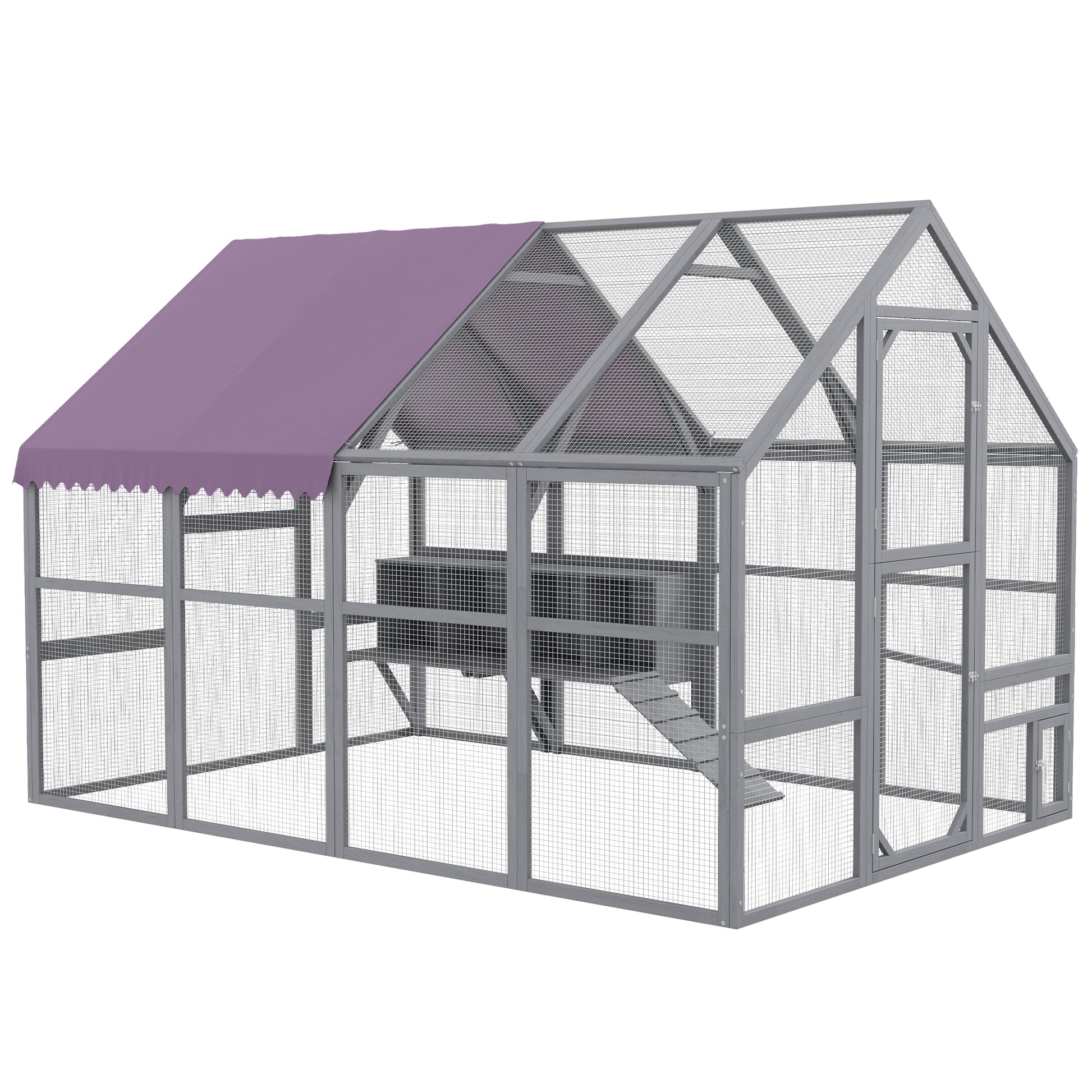 Chicken Coop Run made of wood, 280 x 185.5 x 188 cm Chicken Cage Chicken Enclosure with Door, Nesting Box, Roof, Ramp, Outdoor Enclosure for 8-12 Chickens, Gray