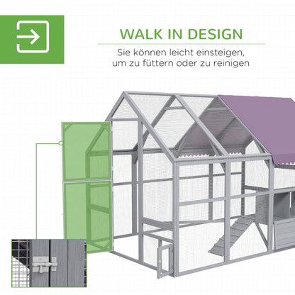 Chicken Coop Run made of wood, 280 x 185.5 x 188 cm Chicken Cage Chicken Enclosure with Door, Nesting Box, Roof, Ramp, Outdoor Enclosure for 8-12 Chickens, Gray