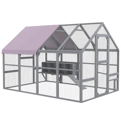 Chicken Coop Run made of wood, 280 x 185.5 x 188 cm Chicken Cage Chicken Enclosure with Door, Nesting Box, Roof, Ramp, Outdoor Enclosure for 8-12 Chickens, Gray