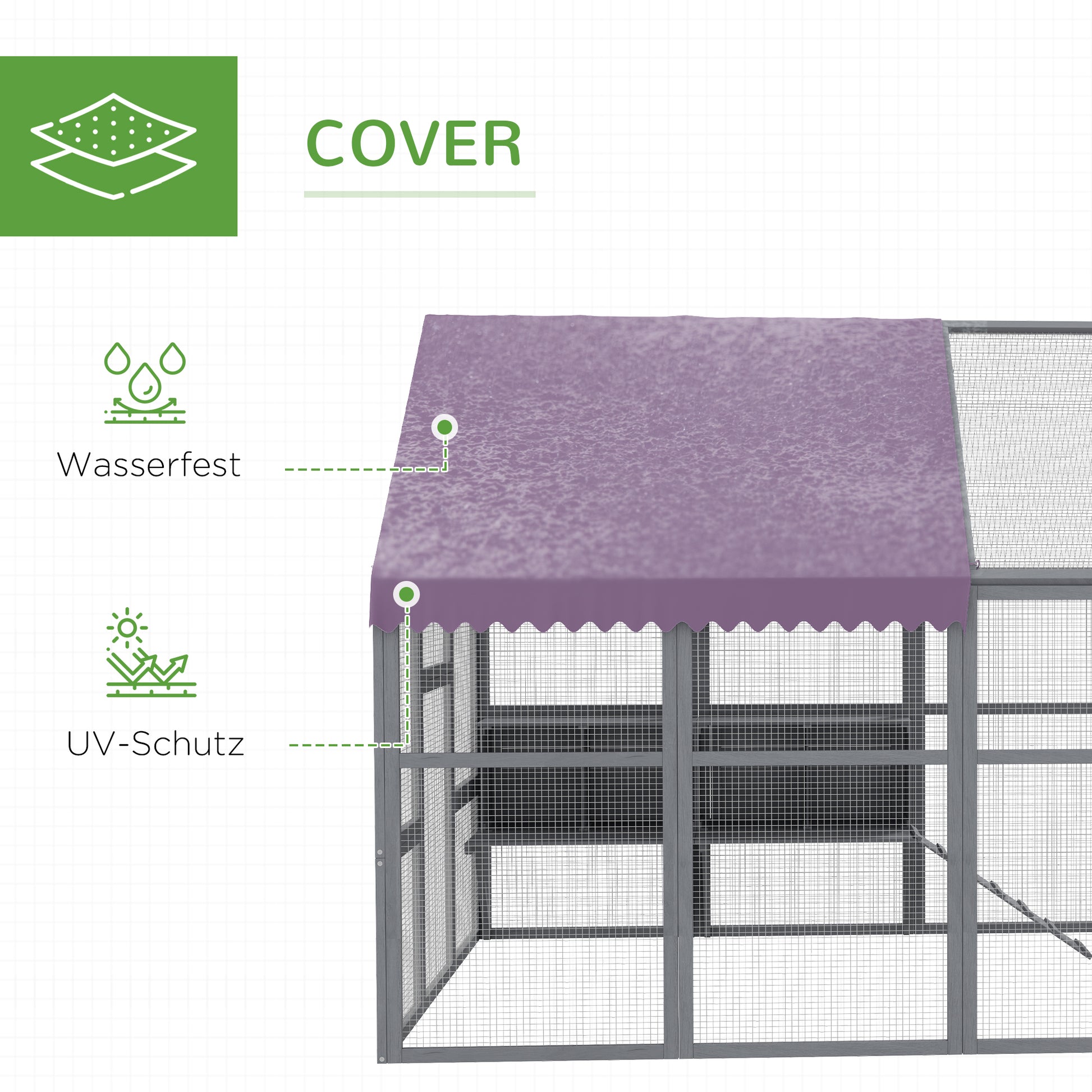 Chicken Coop Run made of wood, 280 x 185.5 x 188 cm Chicken Cage Chicken Enclosure with Door, Nesting Box, Roof, Ramp, Outdoor Enclosure for 8-12 Chickens, Gray