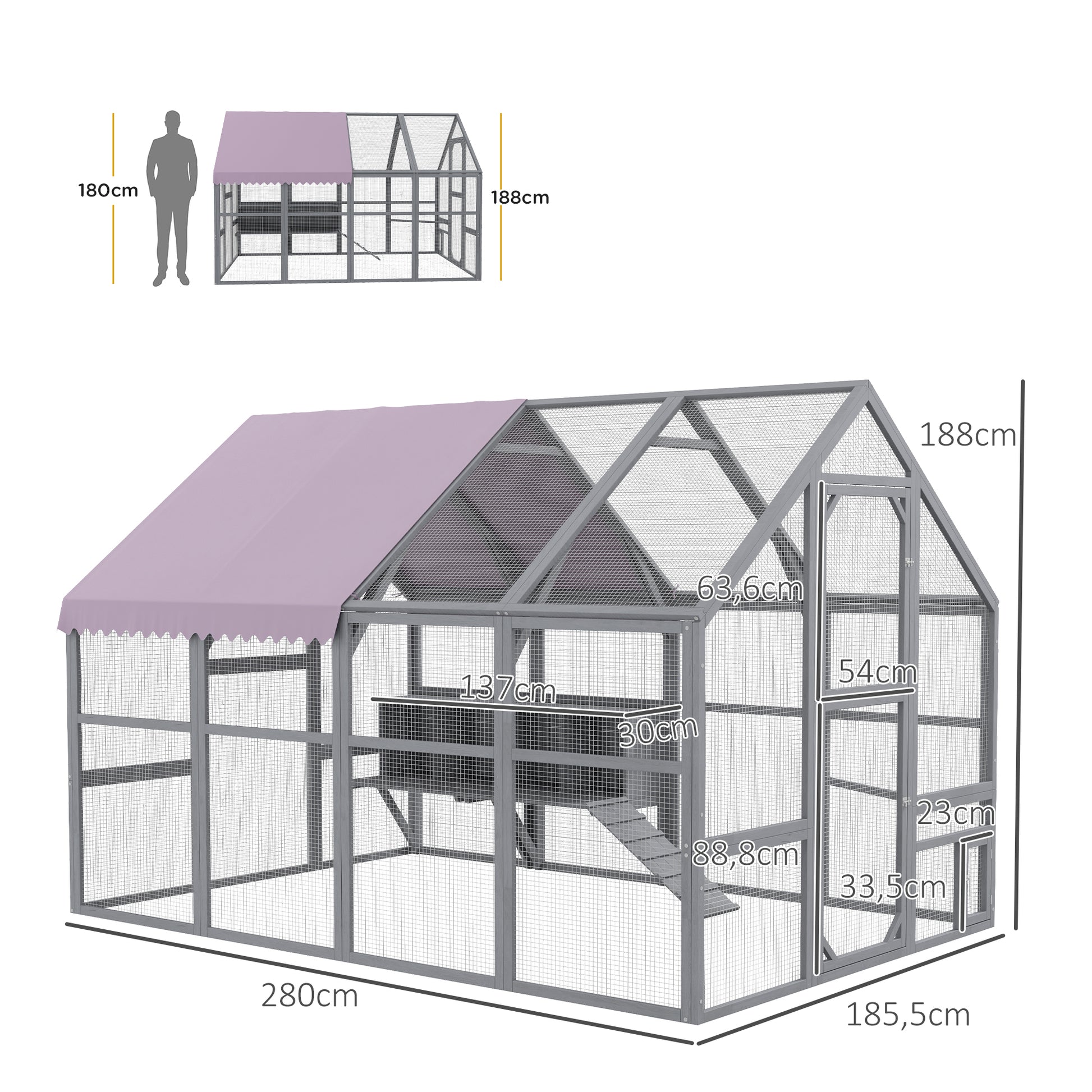 Chicken Coop Run made of wood, 280 x 185.5 x 188 cm Chicken Cage Chicken Enclosure with Door, Nesting Box, Roof, Ramp, Outdoor Enclosure for 8-12 Chickens, Gray
