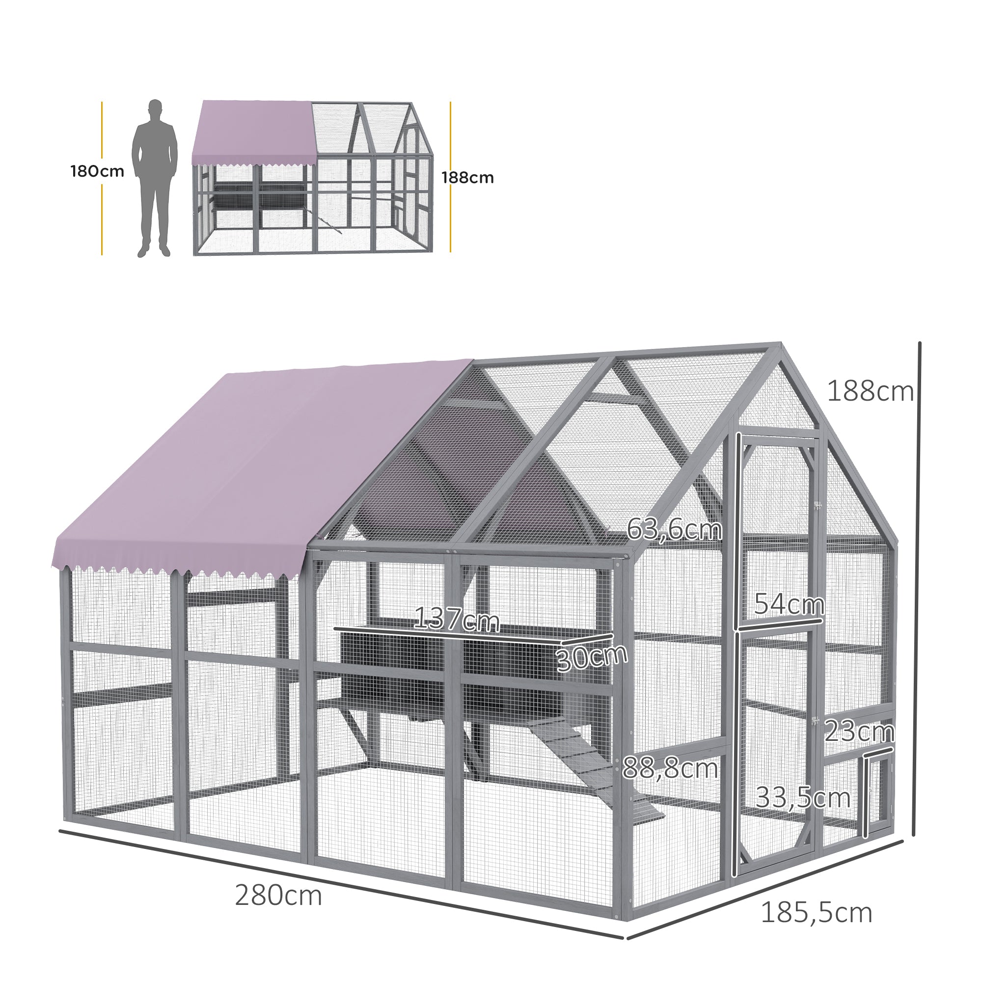 Chicken Coop Run made of wood, 280 x 185.5 x 188 cm Chicken Cage Chicken Enclosure with Door, Nesting Box, Roof, Ramp, Outdoor Enclosure for 8-12 Chickens, Gray