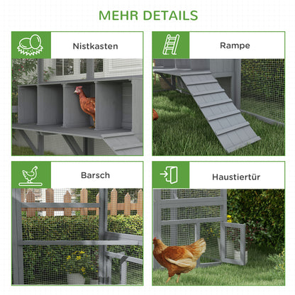Chicken Coop Run made of wood, 280 x 185.5 x 188 cm Chicken Cage Chicken Enclosure with Door, Nesting Box, Roof, Ramp, Outdoor Enclosure for 8-12 Chickens, Gray