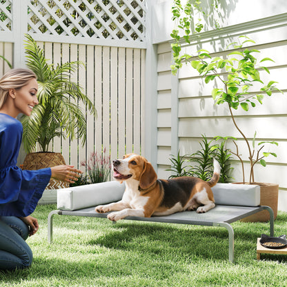 Outdoor Dog Lounger, Elevated Dog Bed for Medium Dogs, Cooling Pet Lounger with L-Shaped Cushion Non-Slip Feet, Pet Bed for Outdoor Camping 110x75x30cm, Light Gray