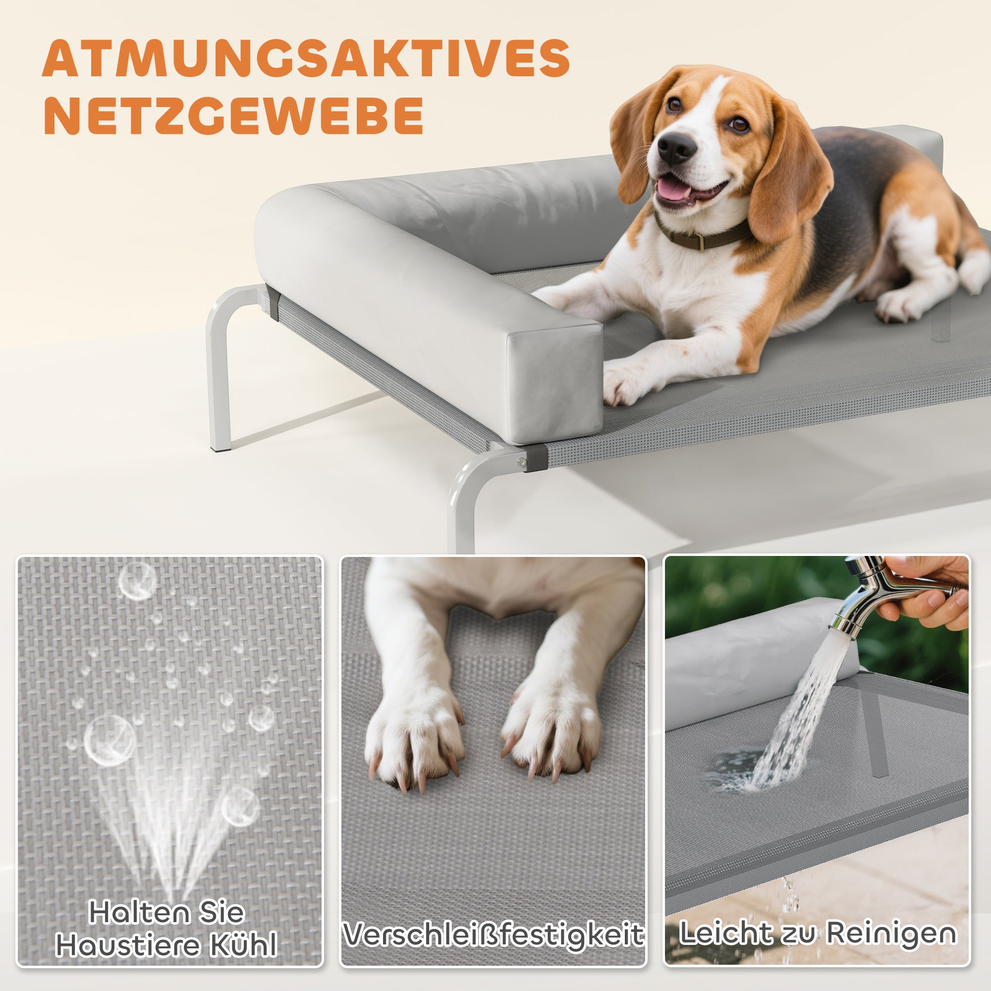Outdoor Dog Lounger, Elevated Dog Bed for Medium Dogs, Cooling Pet Lounger with L-Shaped Cushion Non-Slip Feet, Pet Bed for Outdoor Camping 110x75x30cm, Light Gray