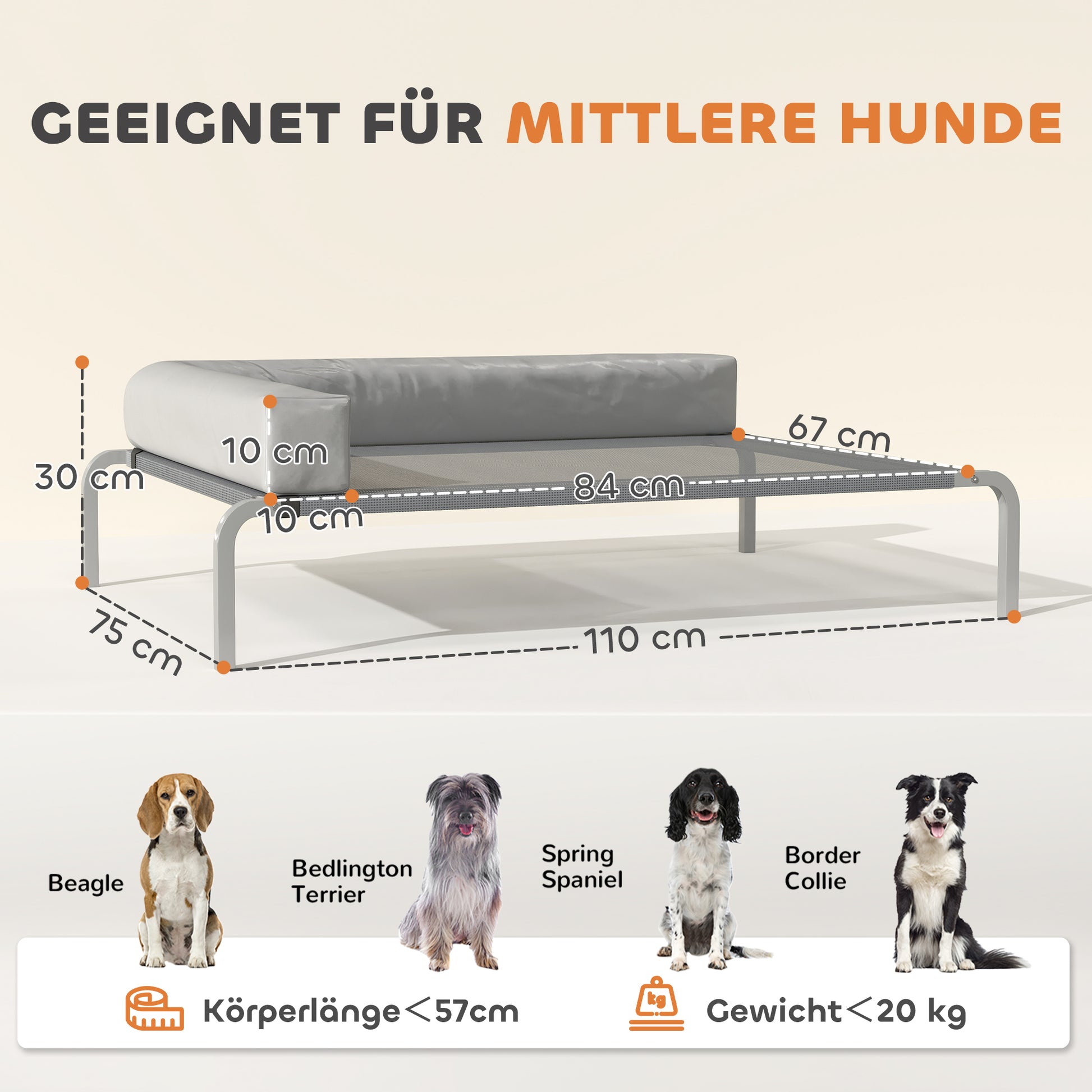 Outdoor Dog Lounger, Elevated Dog Bed for Medium Dogs, Cooling Pet Lounger with L-Shaped Cushion Non-Slip Feet, Pet Bed for Outdoor Camping 110x75x30cm, Light Gray