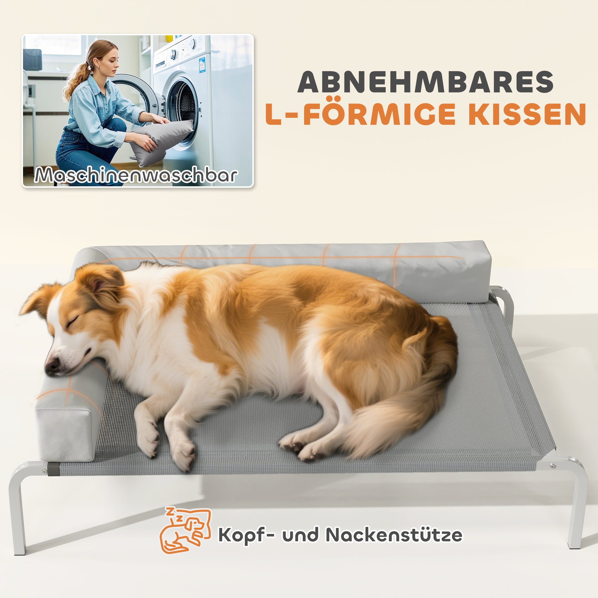 Outdoor Dog Lounger, Elevated Dog Bed for Medium Dogs, Cooling Pet Lounger with L-Shaped Cushion Non-Slip Feet, Pet Bed for Outdoor Camping 110x75x30cm, Light Gray