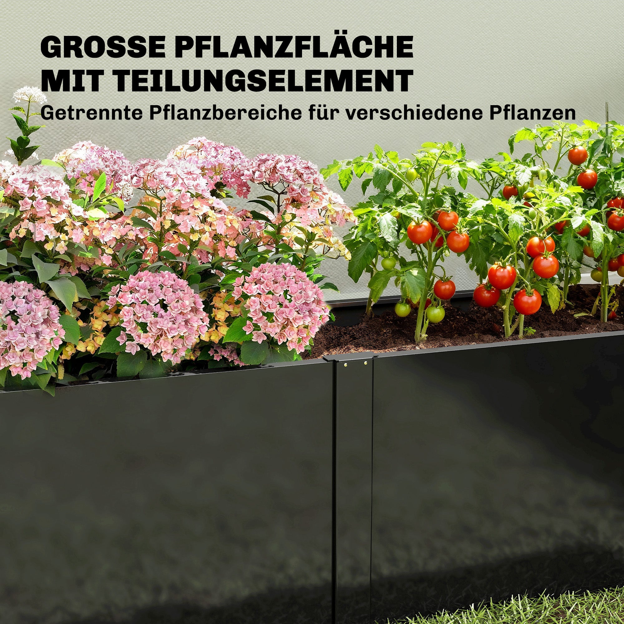 Metal Raised Garden Bed 59 x 21 x 22 in — Galvanized, UV-Protected, Open-Bottom Planter with Divider, Black