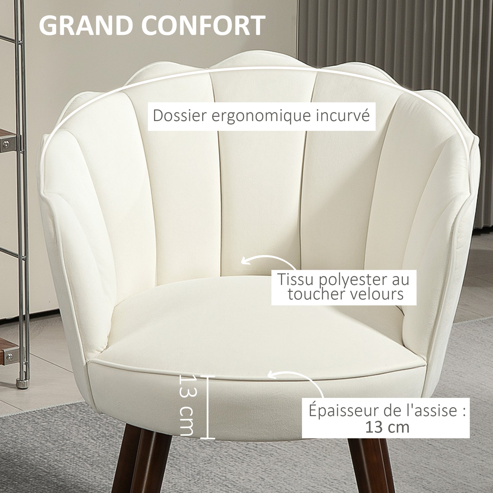 Shell Armchair Lounge Chair with Velvet Upholstery and Rubberwood Legs dim. 66L x 66W x 78.5H cm, Cream