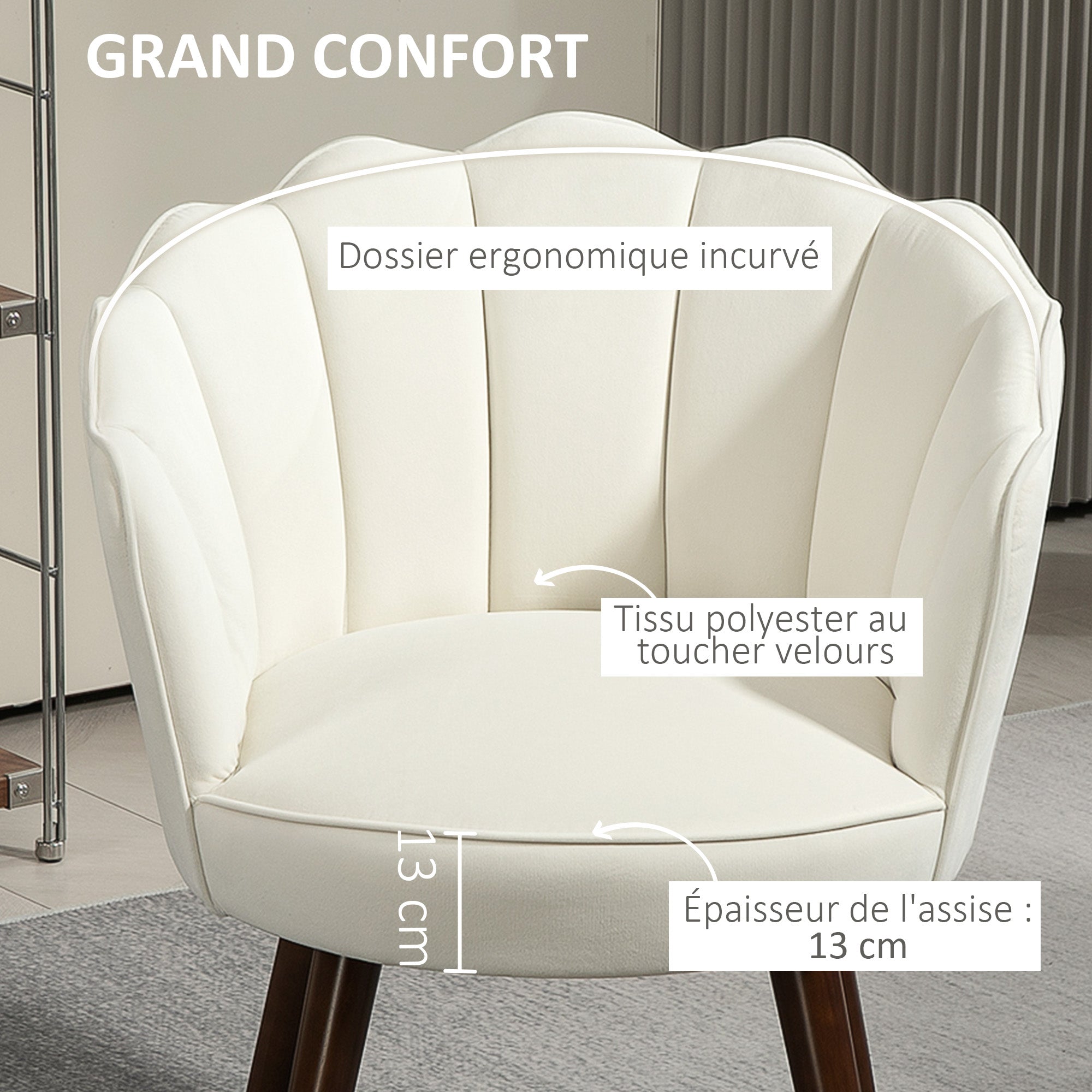 Shell Armchair Lounge Chair with Velvet Upholstery and Rubberwood Legs dim. 66L x 66W x 78.5H cm, Cream