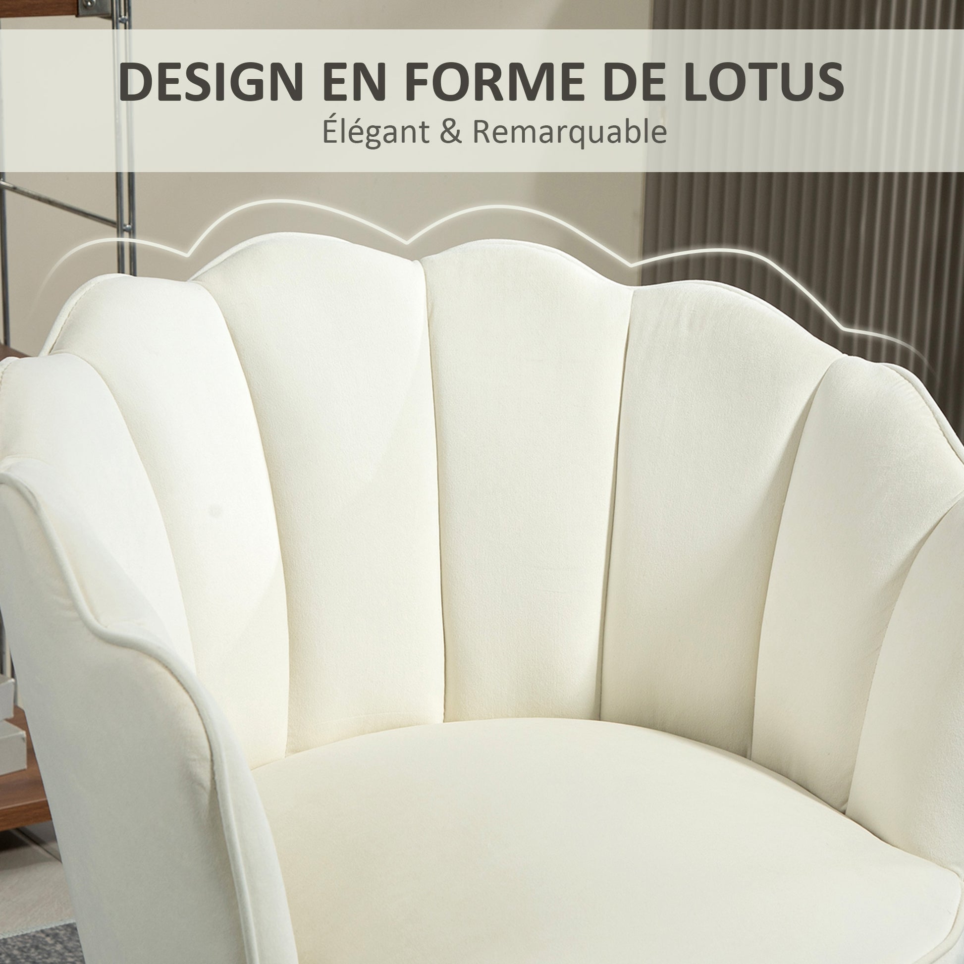 Shell Armchair Lounge Chair with Velvet Upholstery and Rubberwood Legs dim. 66L x 66W x 78.5H cm, Cream