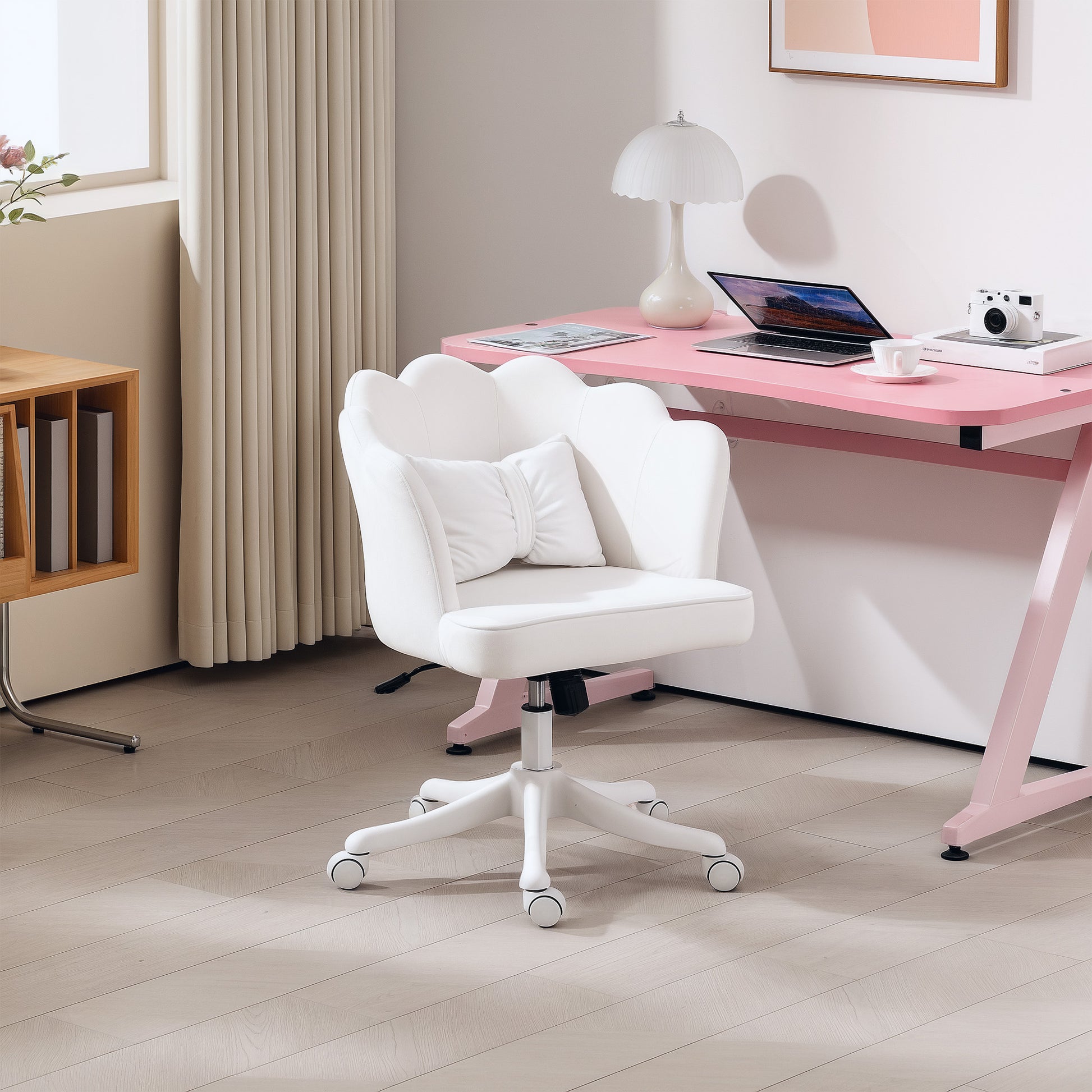 Office Chair Desk Chair with Armrest, Rocking Function, Height Adjustable Cosmetic Chair with Velvet Look, Padded Swivel Chair with Wide Seat for Bedroom, White