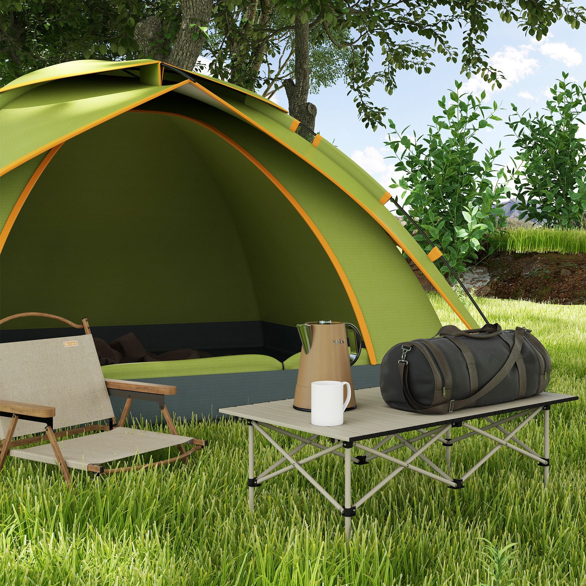 Camping Table Folding Table with Roll-Up Tabletop X-Frame Garden Table Made of Aluminum Lightweight for 2 Persons Side Table Folding Table for Garden Balcony Camping 95 x 55cm Khaki