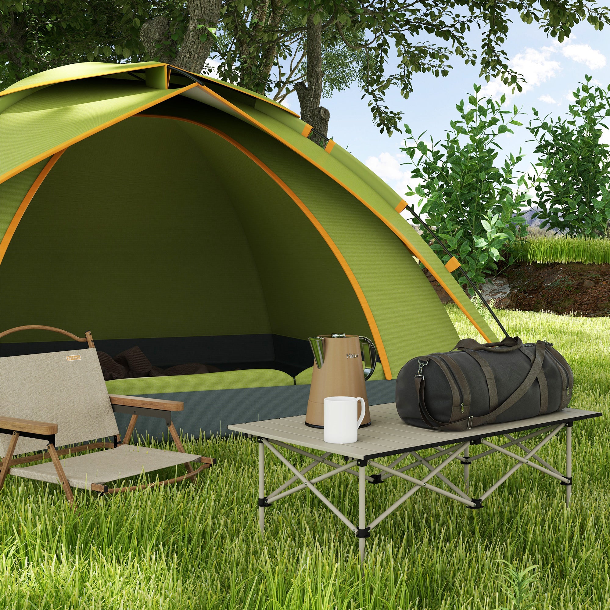 Camping Table Folding Table with Roll-Up Tabletop X-Frame Garden Table Made of Aluminum Lightweight for 2 Persons Side Table Folding Table for Garden Balcony Camping 95 x 55cm Khaki