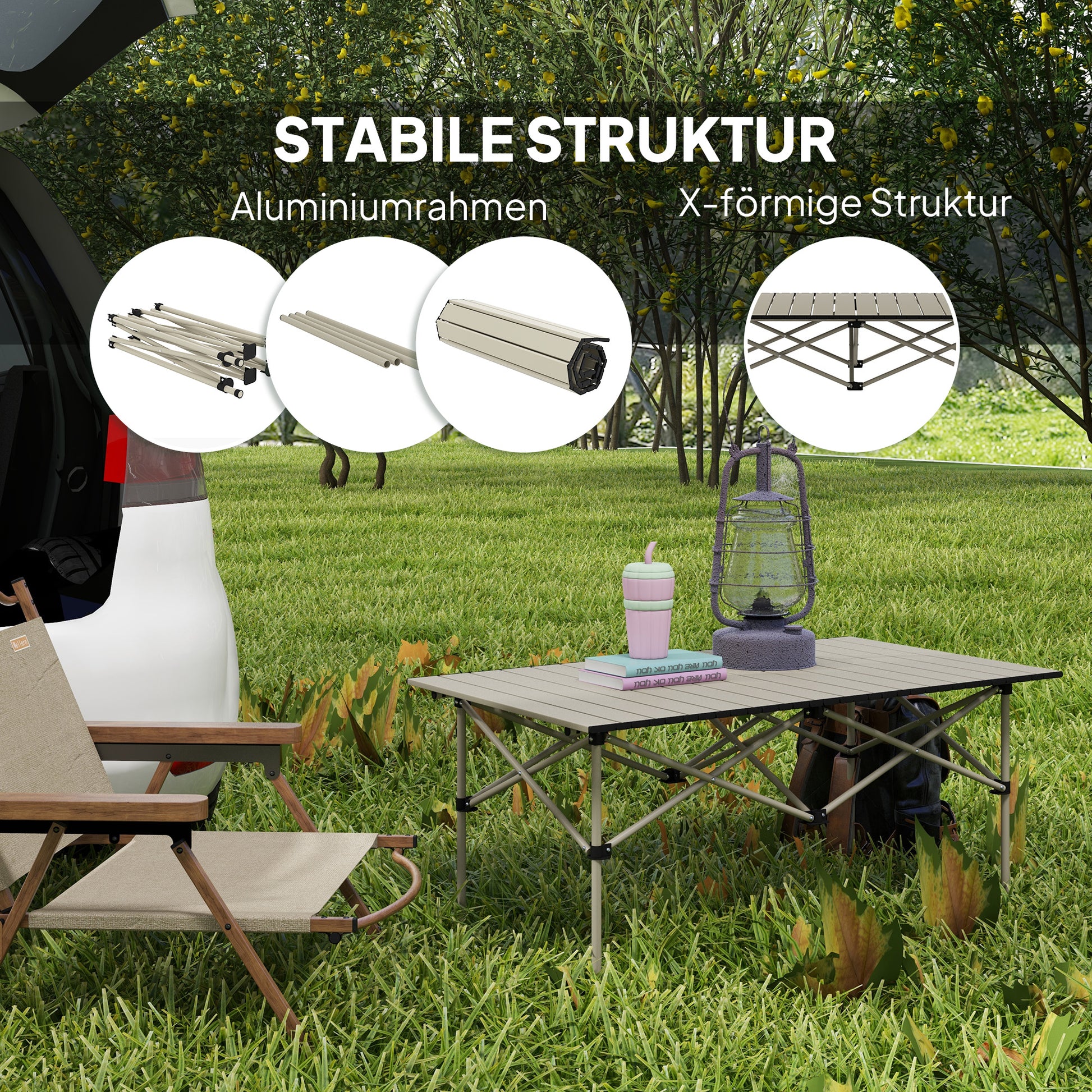 Camping Table Folding Table with Roll-Up Tabletop X-Frame Garden Table Made of Aluminum Lightweight for 2 Persons Side Table Folding Table for Garden Balcony Camping 95 x 55cm Khaki