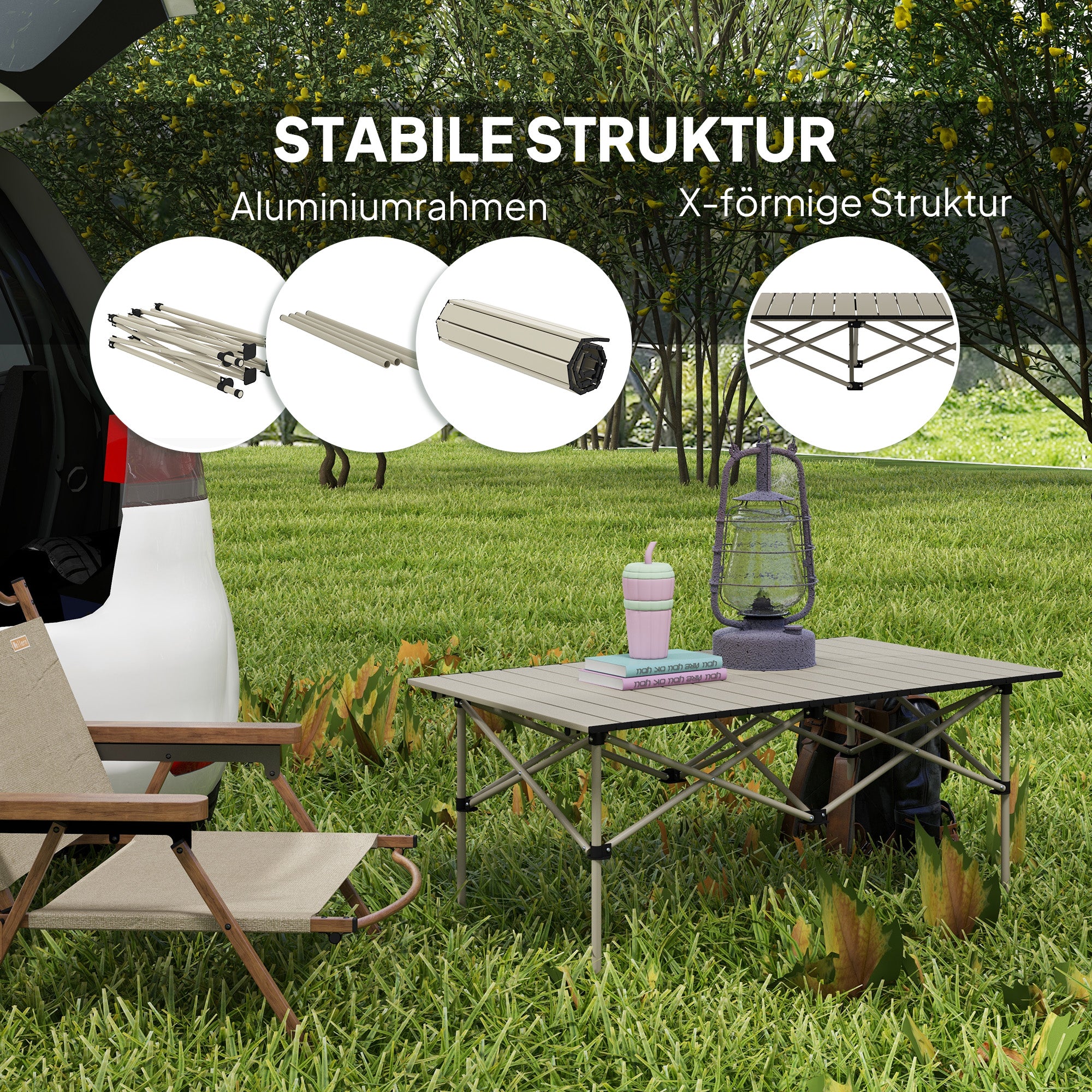 Camping Table Folding Table with Roll-Up Tabletop X-Frame Garden Table Made of Aluminum Lightweight for 2 Persons Side Table Folding Table for Garden Balcony Camping 95 x 55cm Khaki