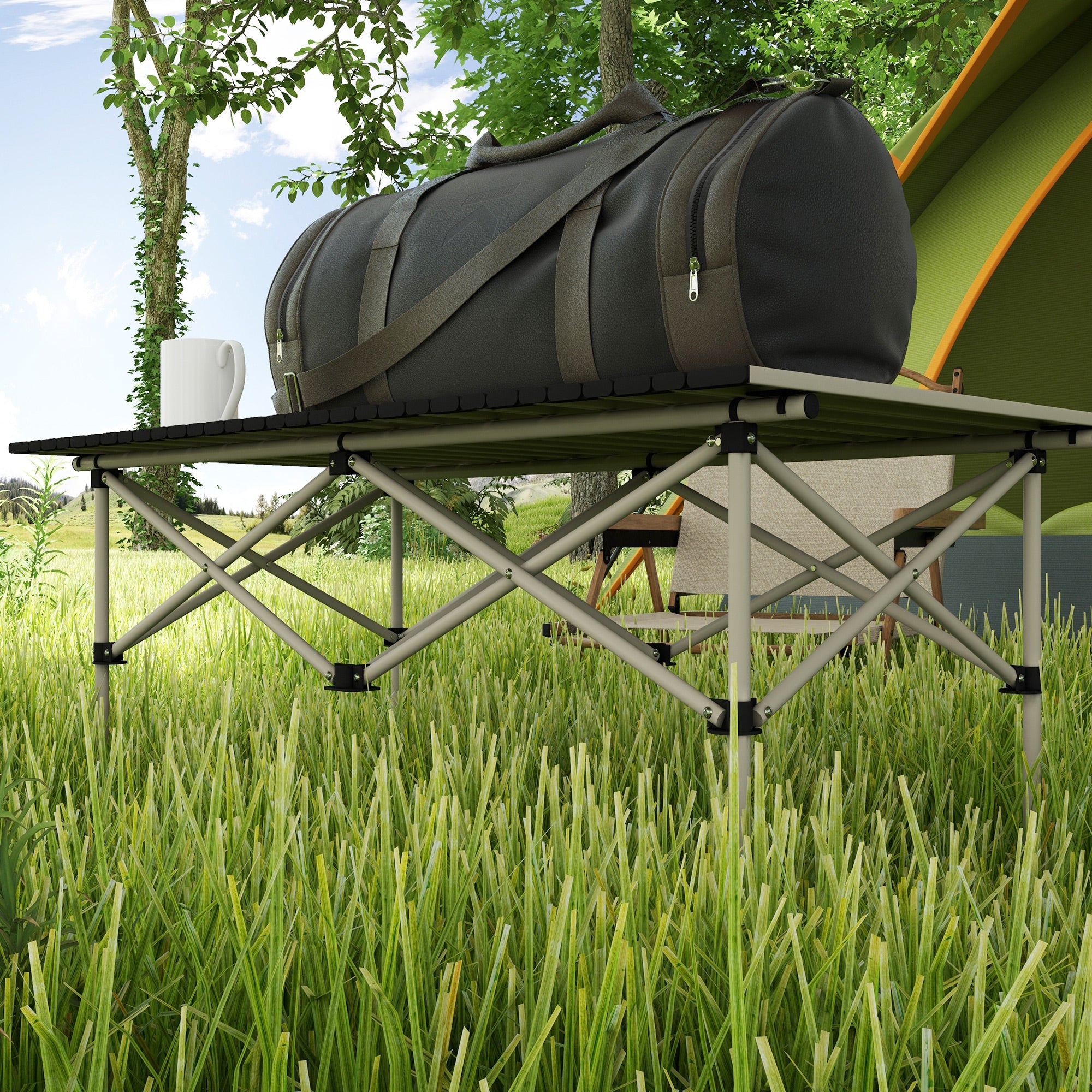 Camping Table Folding Table with Roll-Up Tabletop X-Frame Garden Table Made of Aluminum Lightweight for 2 Persons Side Table Folding Table for Garden Balcony Camping 95 x 55cm Khaki