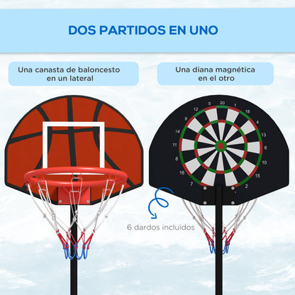 SPORTNOW Basketball Hoop with Magnetic Dartboard and Darts Adjustable Height 129-179 cm Fillable Base for Indoor Black