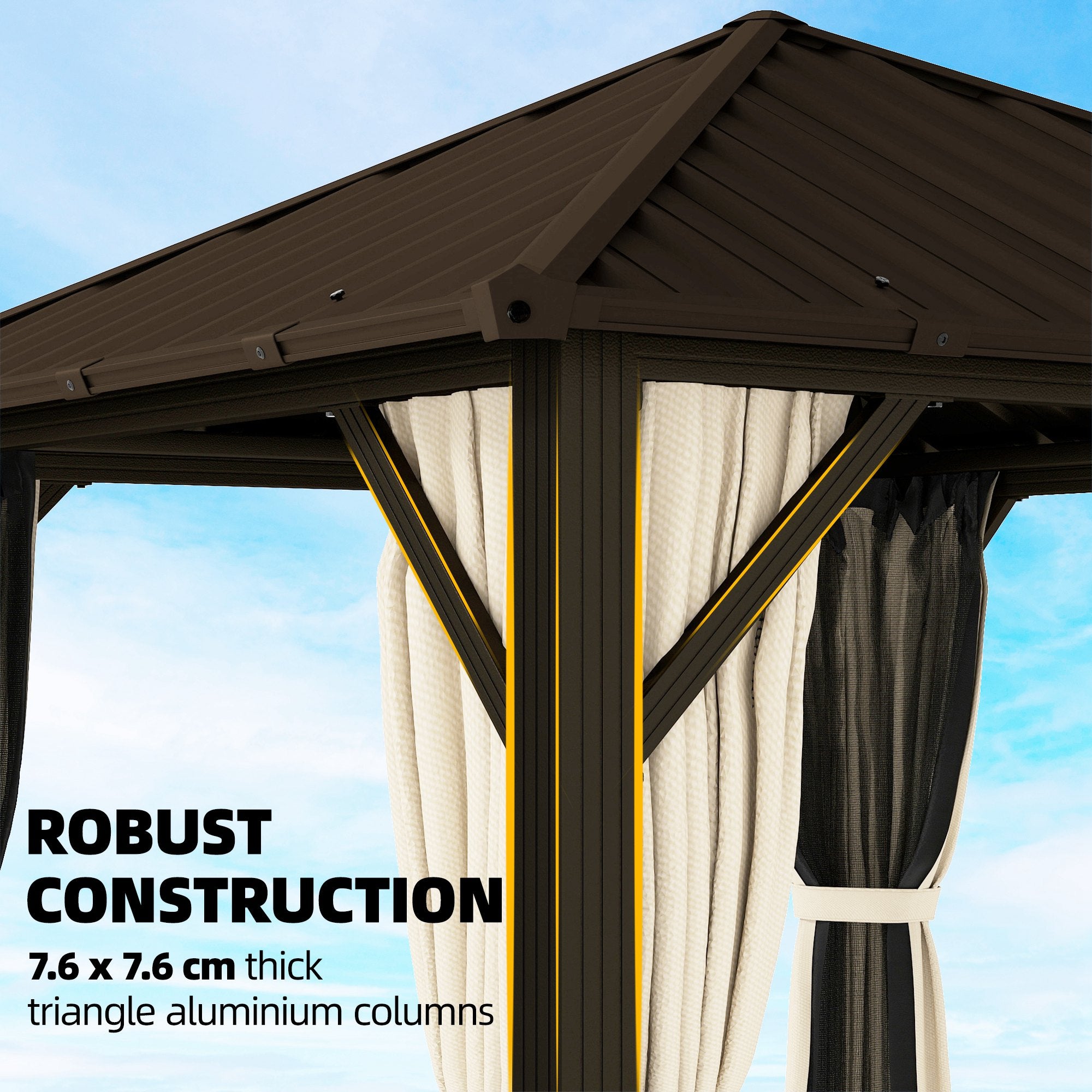 Garden Gazebo ~3 x 3 m Aluminum Gazebo with Steel Hardtop, Mosquito Nets & 4 Side Curtains, UPF50+, Water-Resistant, Stable Outdoor Pergola with Ceiling Hook for Garden & Patio, Brown