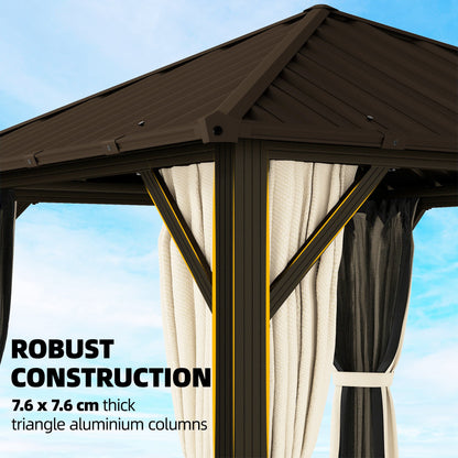 Garden Gazebo ~3 x 3 m Aluminum Gazebo with Steel Hardtop, Mosquito Nets & 4 Side Curtains, UPF50+, Water-Resistant, Stable Outdoor Pergola with Ceiling Hook for Garden & Patio, Brown