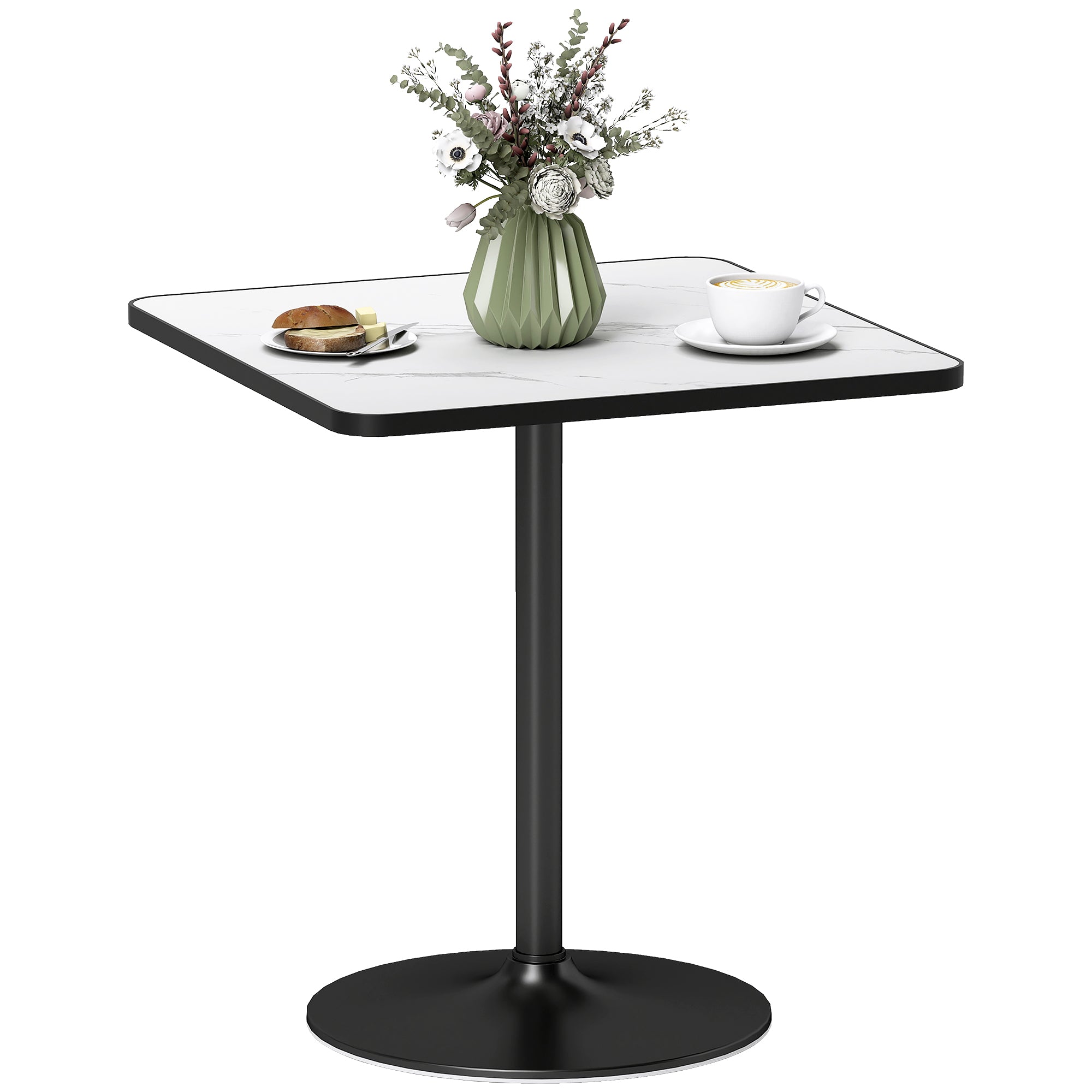Dining Table for 4 people Modern Style Kitchen Table with White Marble Effect Top and Round Base, 70 x 70 cm, White