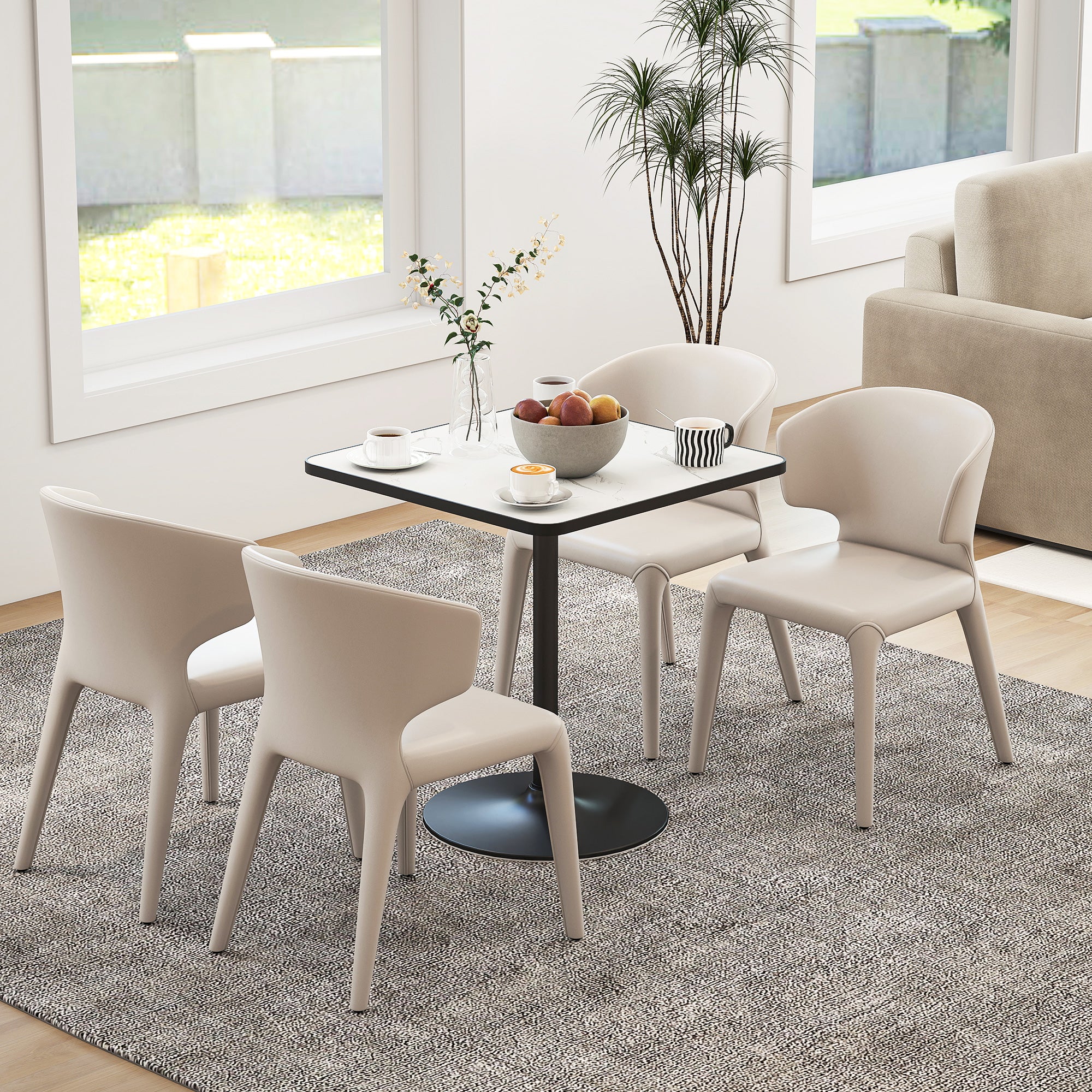 Dining Table for 4 people Modern Style Kitchen Table with White Marble Effect Top and Round Base, 70 x 70 cm, White
