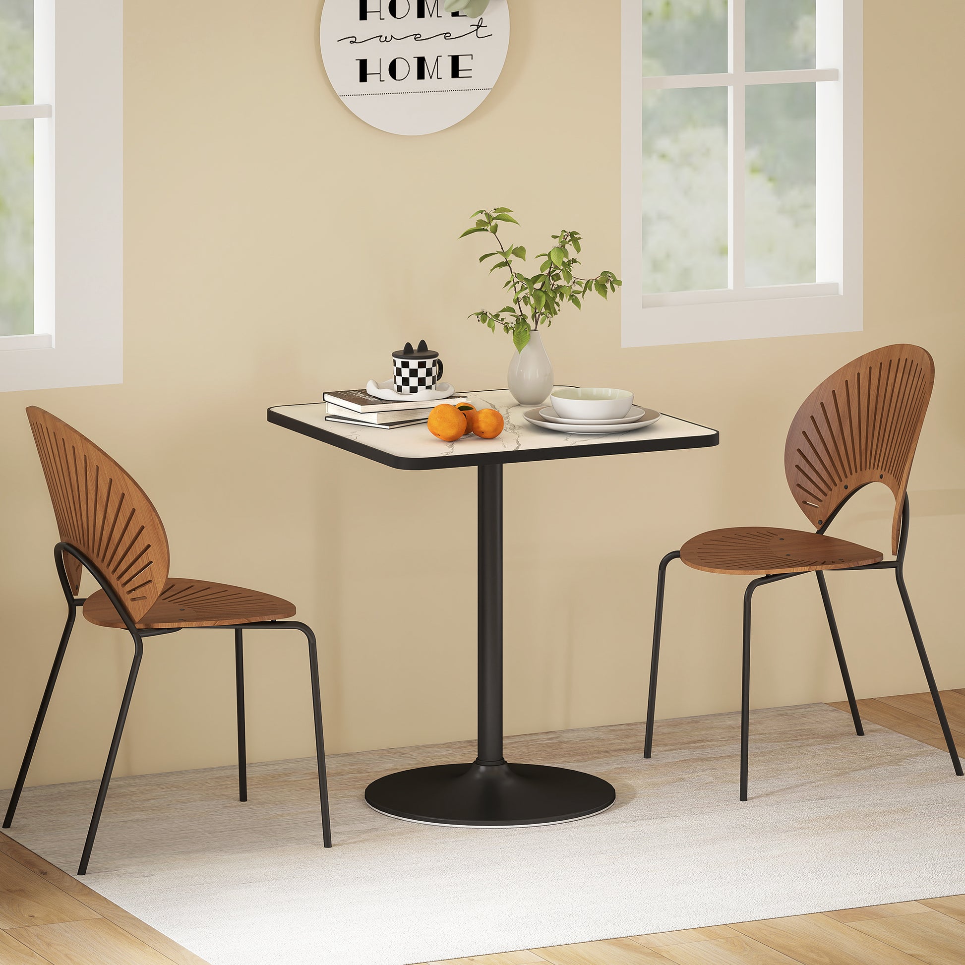 Dining Table for 4 people Modern Style Kitchen Table with White Marble Effect Top and Round Base, 70 x 70 cm, White