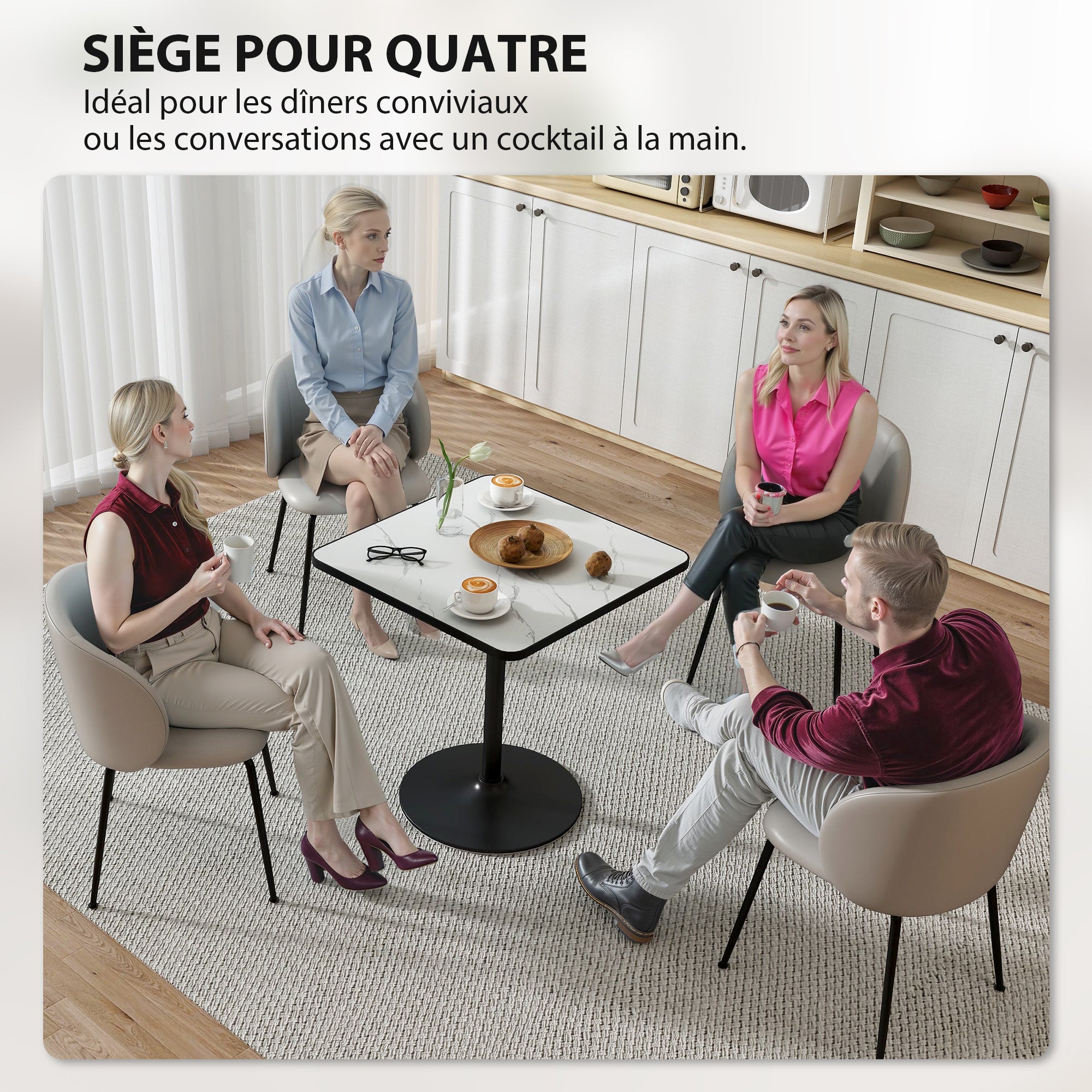 Dining Table for 4 people Modern Style Kitchen Table with White Marble Effect Top and Round Base, 70 x 70 cm, White
