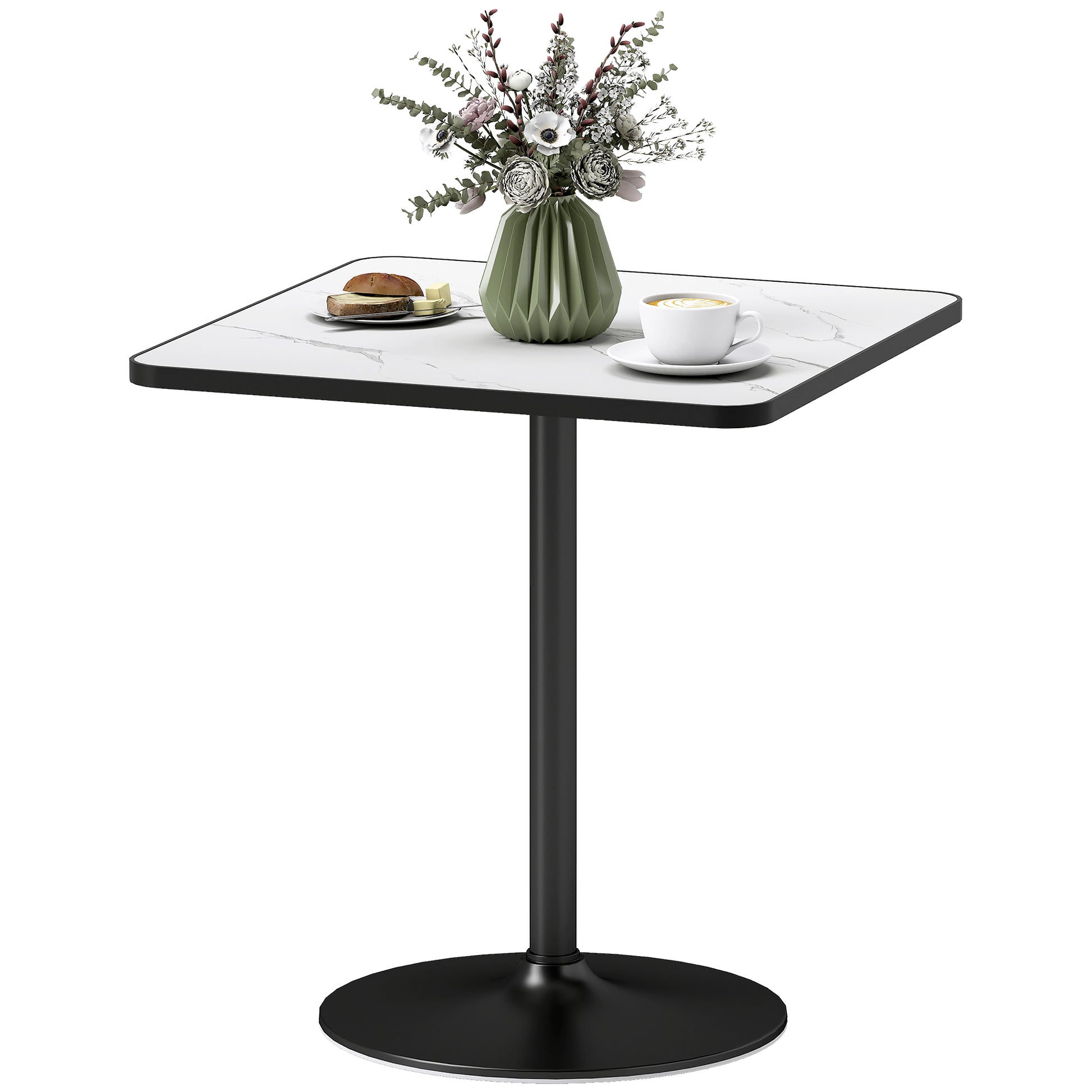 Dining Table for 4 people Modern Style Kitchen Table with White Marble Effect Top and Round Base, 70 x 70 cm, White