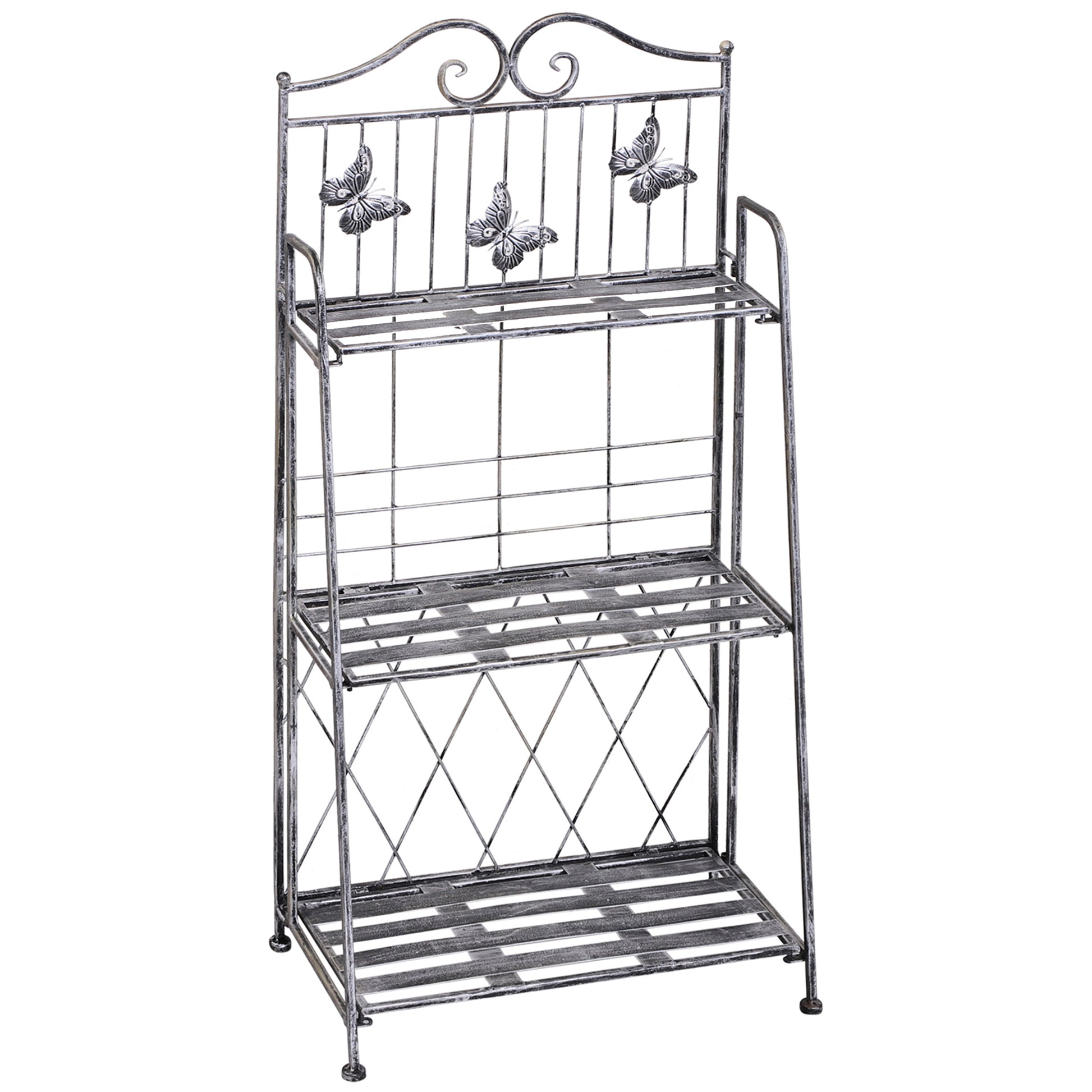 3-Tier Folding Plant Stand Plant Shelf for Outdoor Use like Balcony, Terrace, or Garden Metal Flower Stand Flower Ladder Garden Shelf Silver Gray