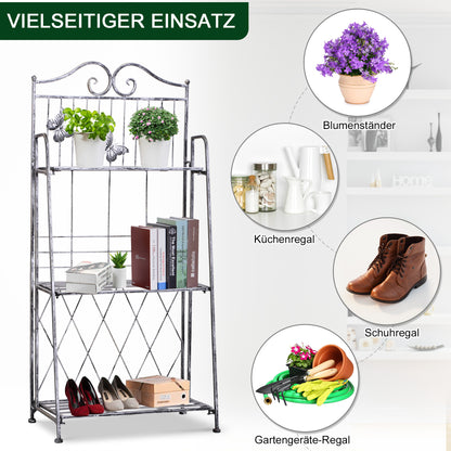 3-Tier Folding Plant Stand Plant Shelf for Outdoor Use like Balcony, Terrace, or Garden Metal Flower Stand Flower Ladder Garden Shelf Silver Gray