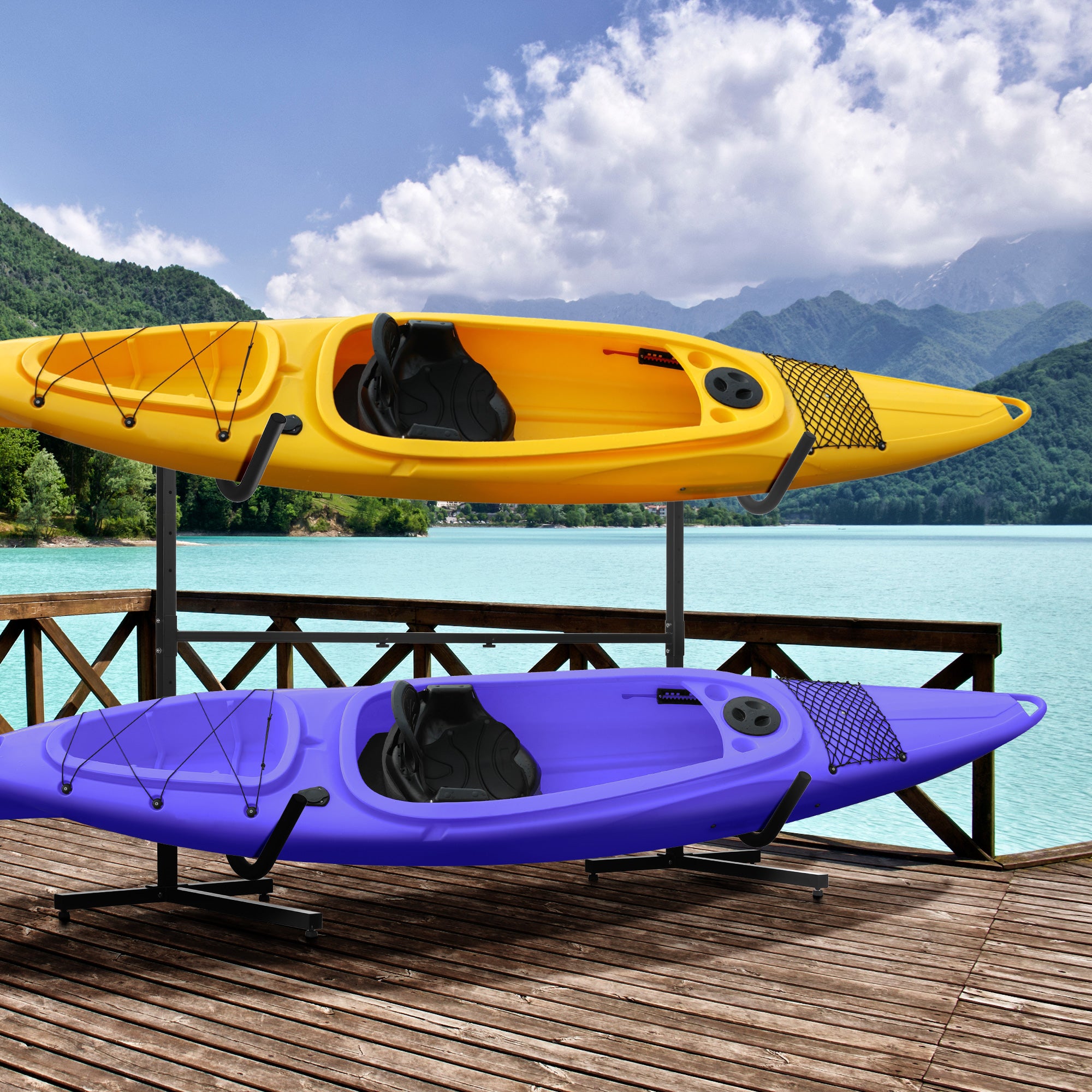 SPORTNOW Kayak Rack, Kayak Holder, Adjustable Kayak Stand for 2 Kayaks, Surfboards, Stand-Up Paddles, Padded Support Arms, Metal