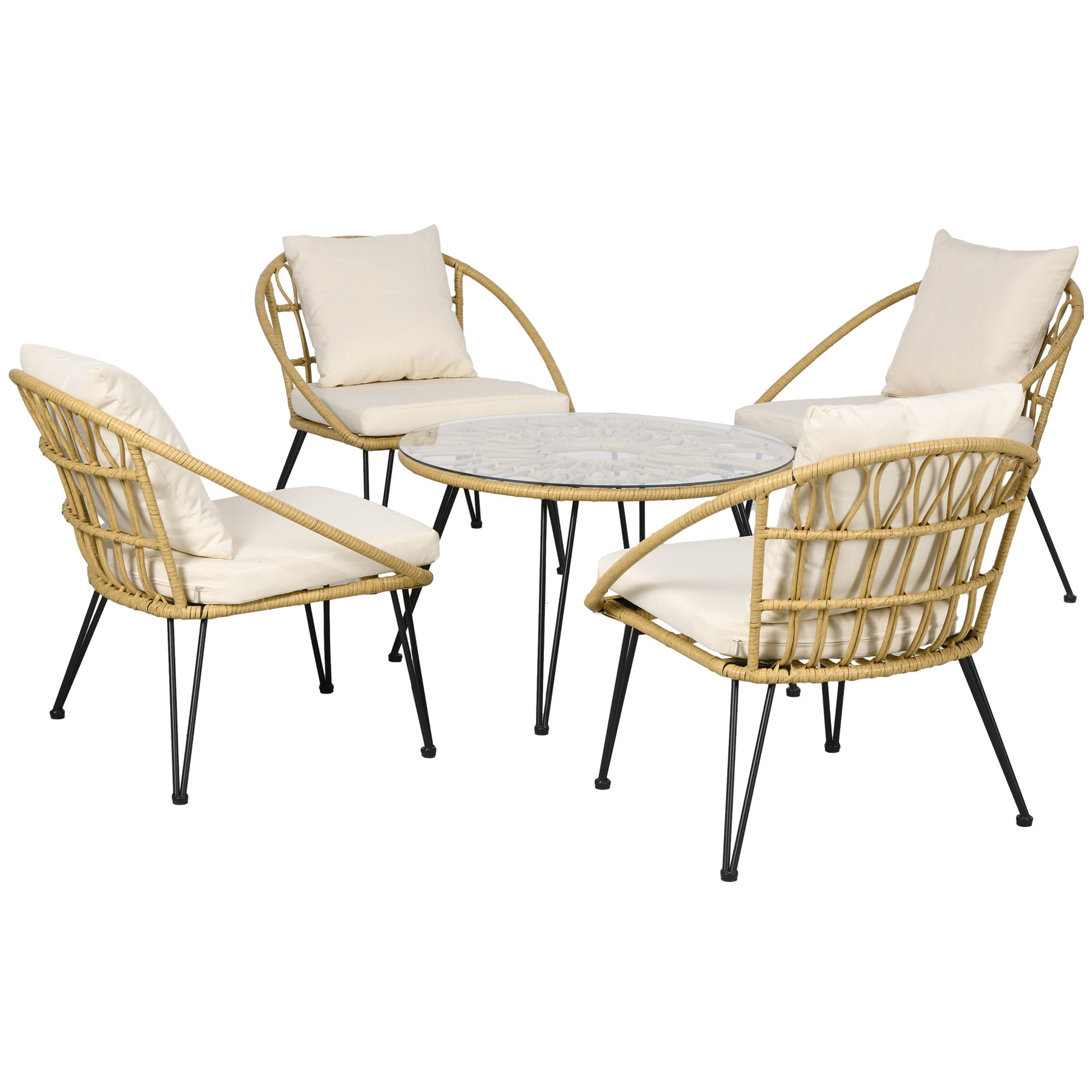 5-Piece Rattan Dining Set, Patio Furniture Set, Dining Set including 1 Dining Table, 4 Chairs, Garden Set with Seat Cushions, for Balcony, Terrace, Polyester, Beige