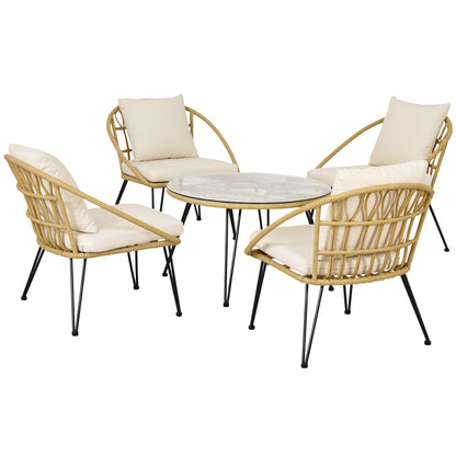 5-Piece Rattan Dining Set, Patio Furniture Set, Dining Set including 1 Dining Table, 4 Chairs, Garden Set with Seat Cushions, for Balcony, Terrace, Polyester, Beige