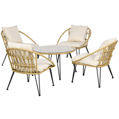 5-Piece Rattan Dining Set, Patio Furniture Set, Dining Set including 1 Dining Table, 4 Chairs, Garden Set with Seat Cushions, for Balcony, Terrace, Polyester, Beige