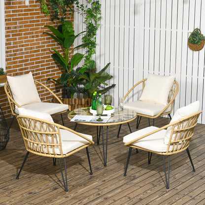 5-Piece Rattan Dining Set, Patio Furniture Set, Dining Set including 1 Dining Table, 4 Chairs, Garden Set with Seat Cushions, for Balcony, Terrace, Polyester, Beige