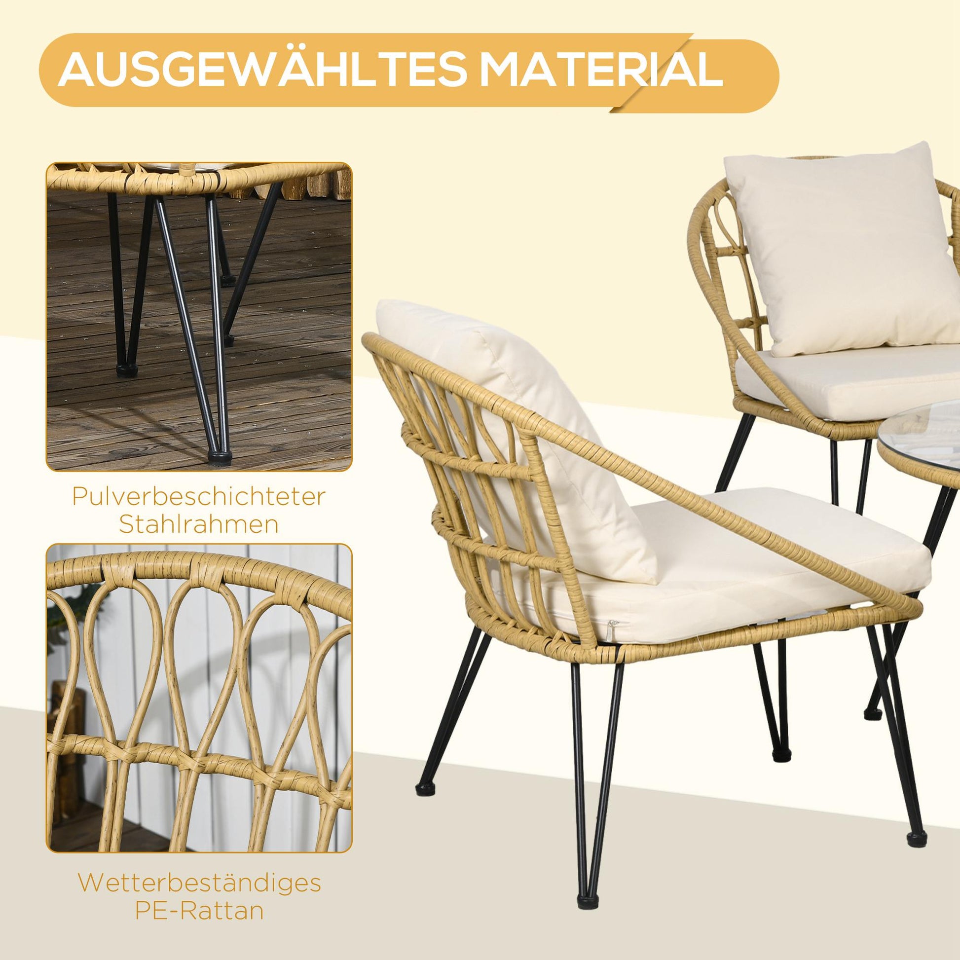 5-Piece Rattan Dining Set, Patio Furniture Set, Dining Set including 1 Dining Table, 4 Chairs, Garden Set with Seat Cushions, for Balcony, Terrace, Polyester, Beige