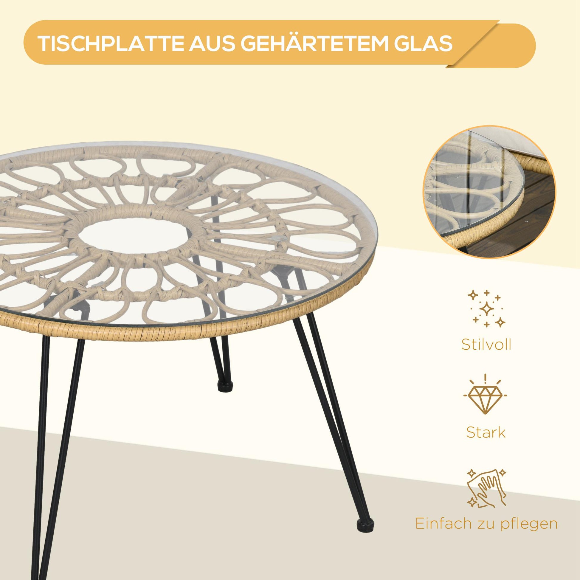 5-Piece Rattan Dining Set, Patio Furniture Set, Dining Set including 1 Dining Table, 4 Chairs, Garden Set with Seat Cushions, for Balcony, Terrace, Polyester, Beige